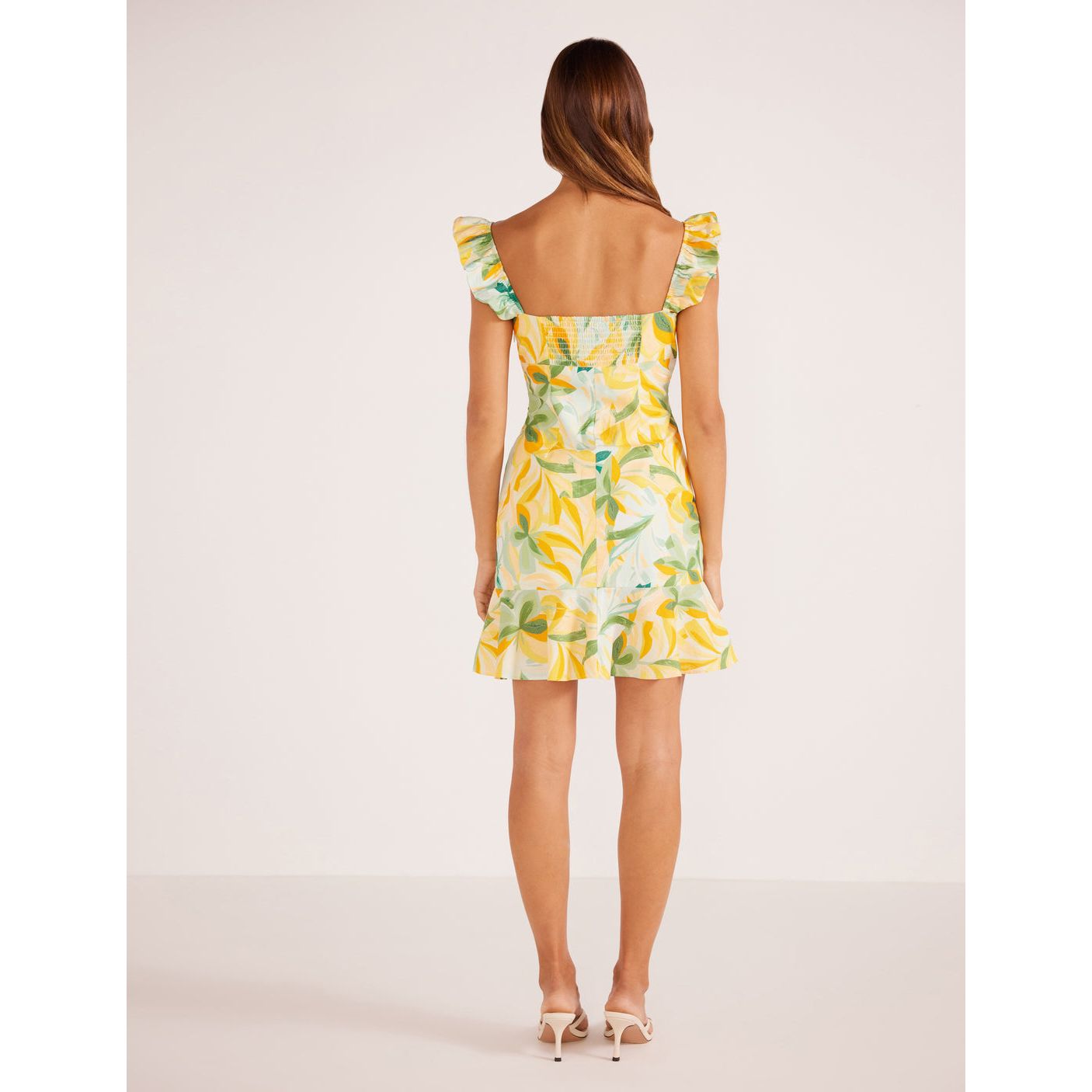 Mink Pink - Solstice Front Tie Mini Dress in Yellow Palm Print