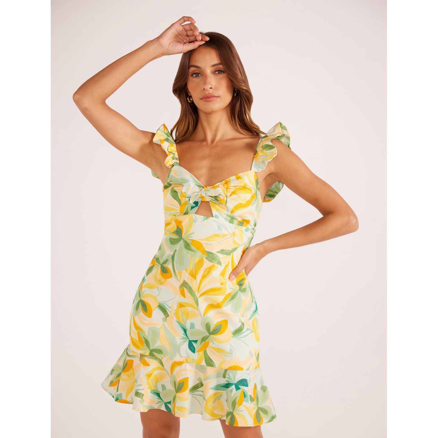 Mink Pink - Solstice Front Tie Mini Dress in Yellow Palm Print
