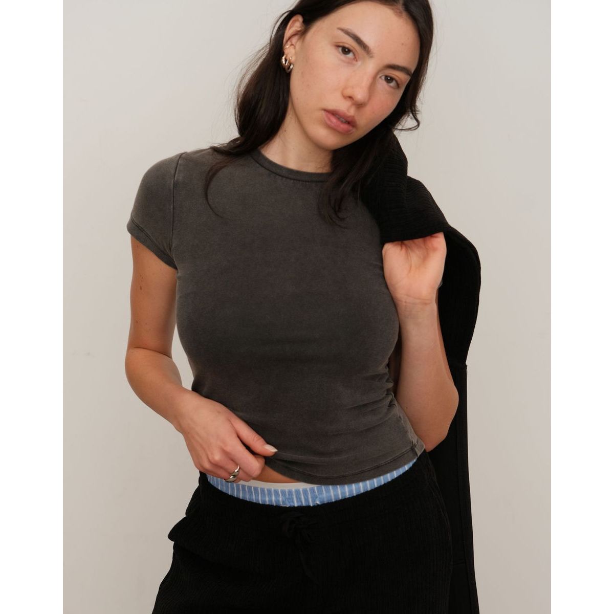 Kuwalla Tee - Micro Rib Tee in Washed Black
