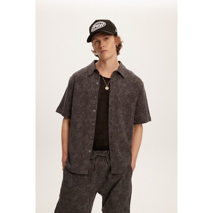 Kuwalla Tee - Jacquared Linen Shirt in Charcoal