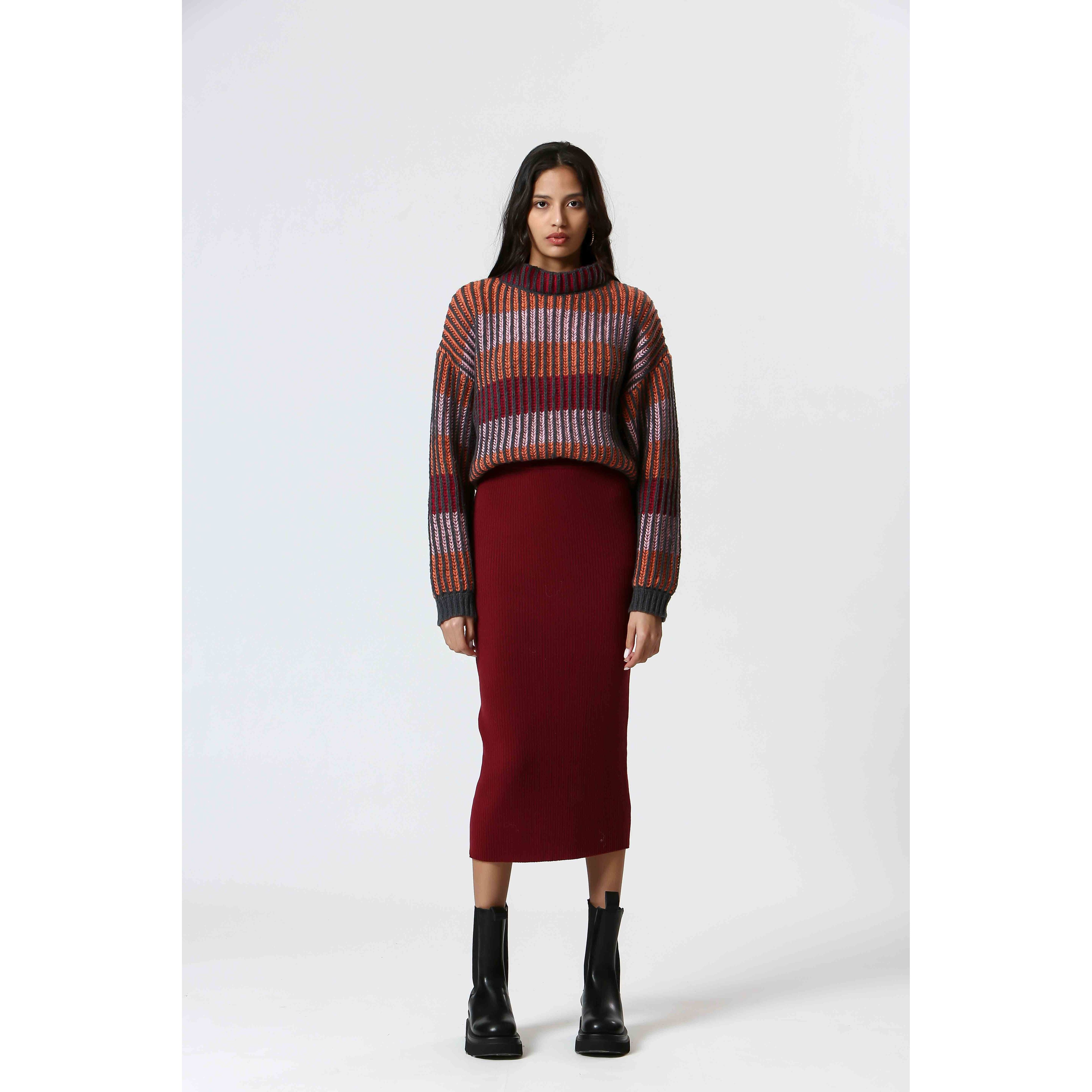 Korner - Chunky Knit Sweater in Red/Orange Stripe