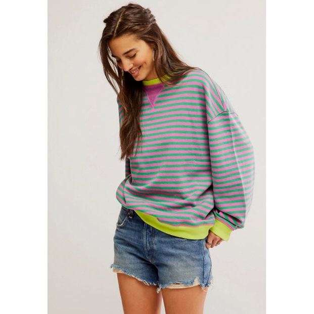 Free People - Classic Striped Oversized Crewneck in Pink Combo