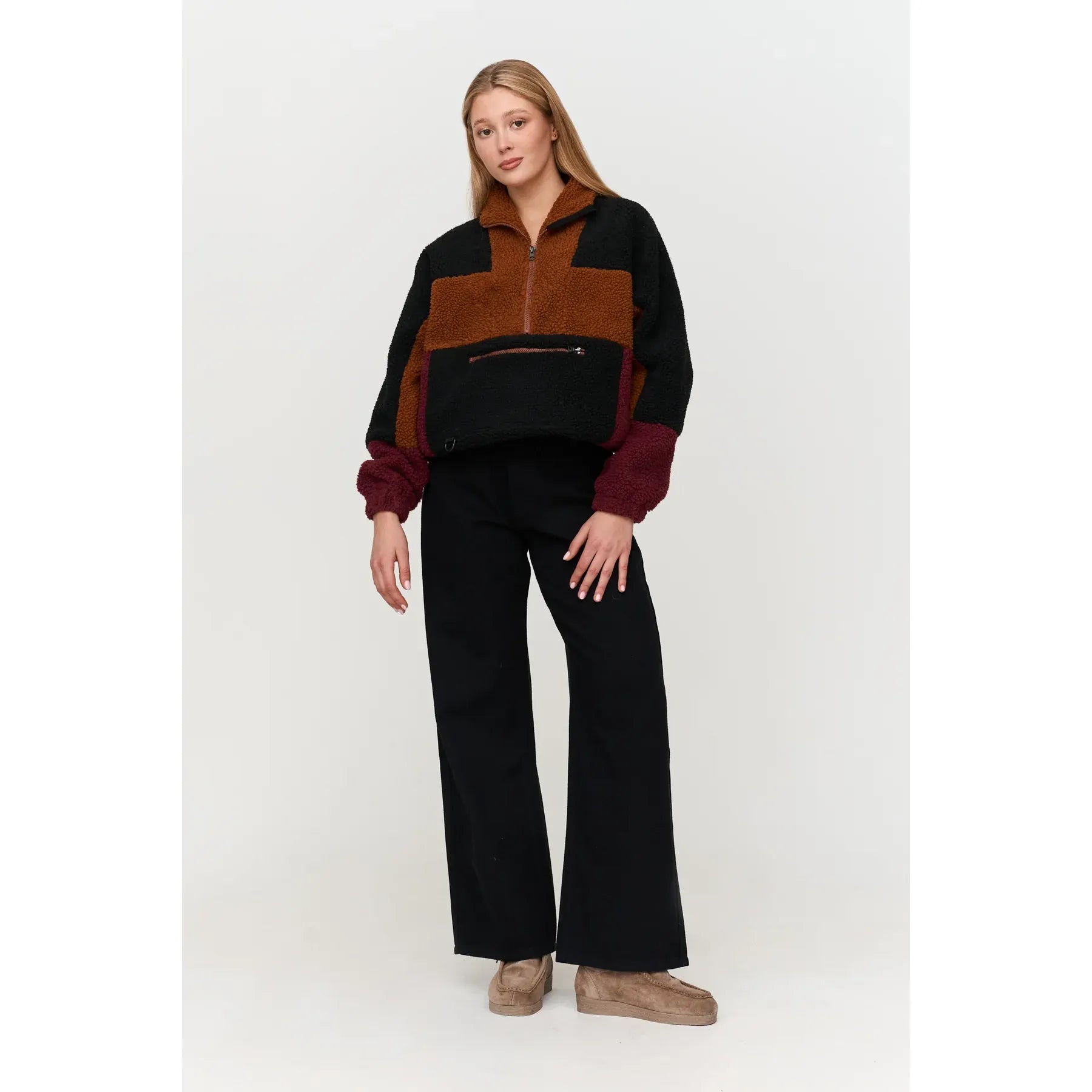24 Colours - 1/2 Zip Colour Block Fleece in Burgundy