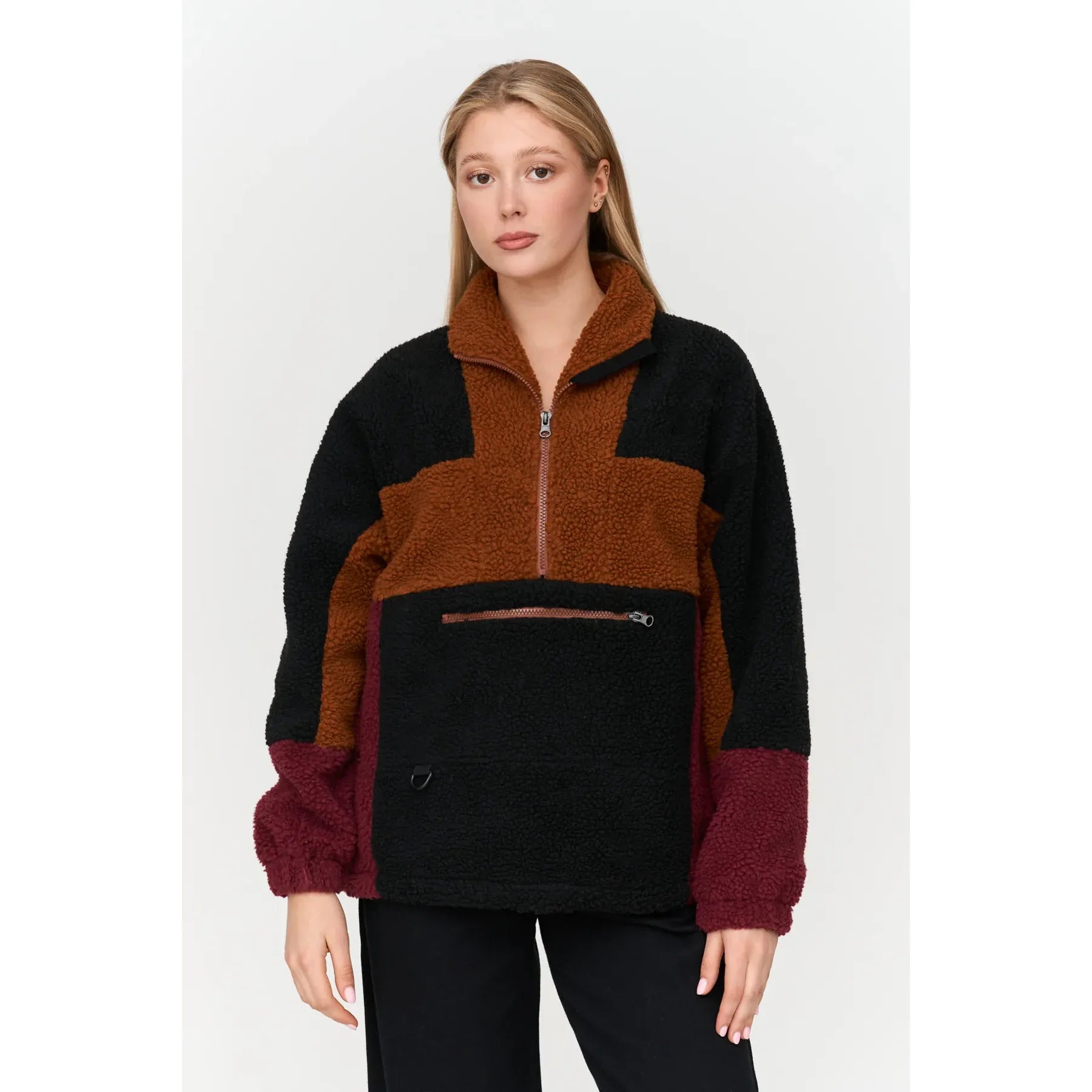 24 Colours - 1/2 Zip Colour Block Fleece in Burgundy