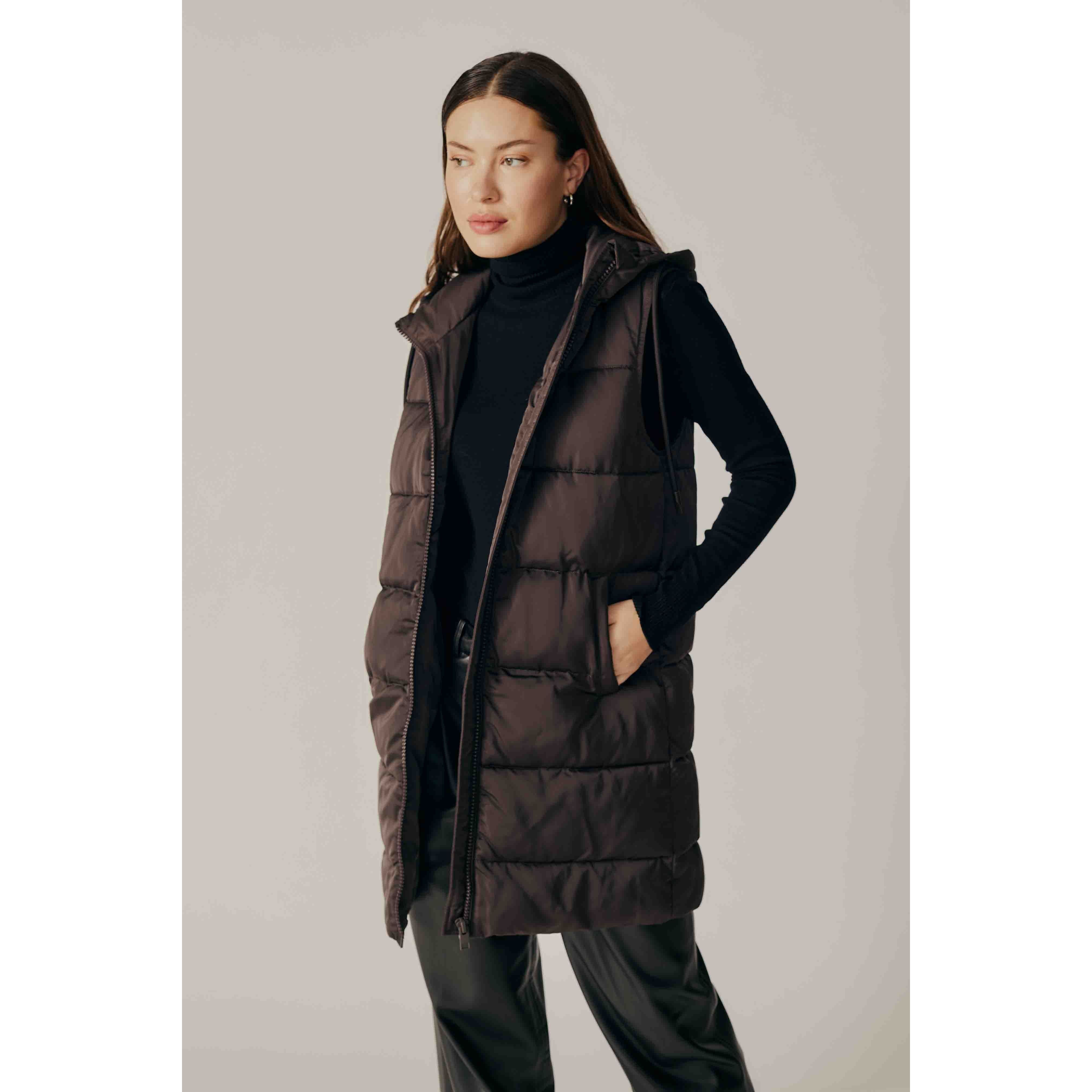 Deluc - Sambucus Mid Length Puffer Vest in Chocolate