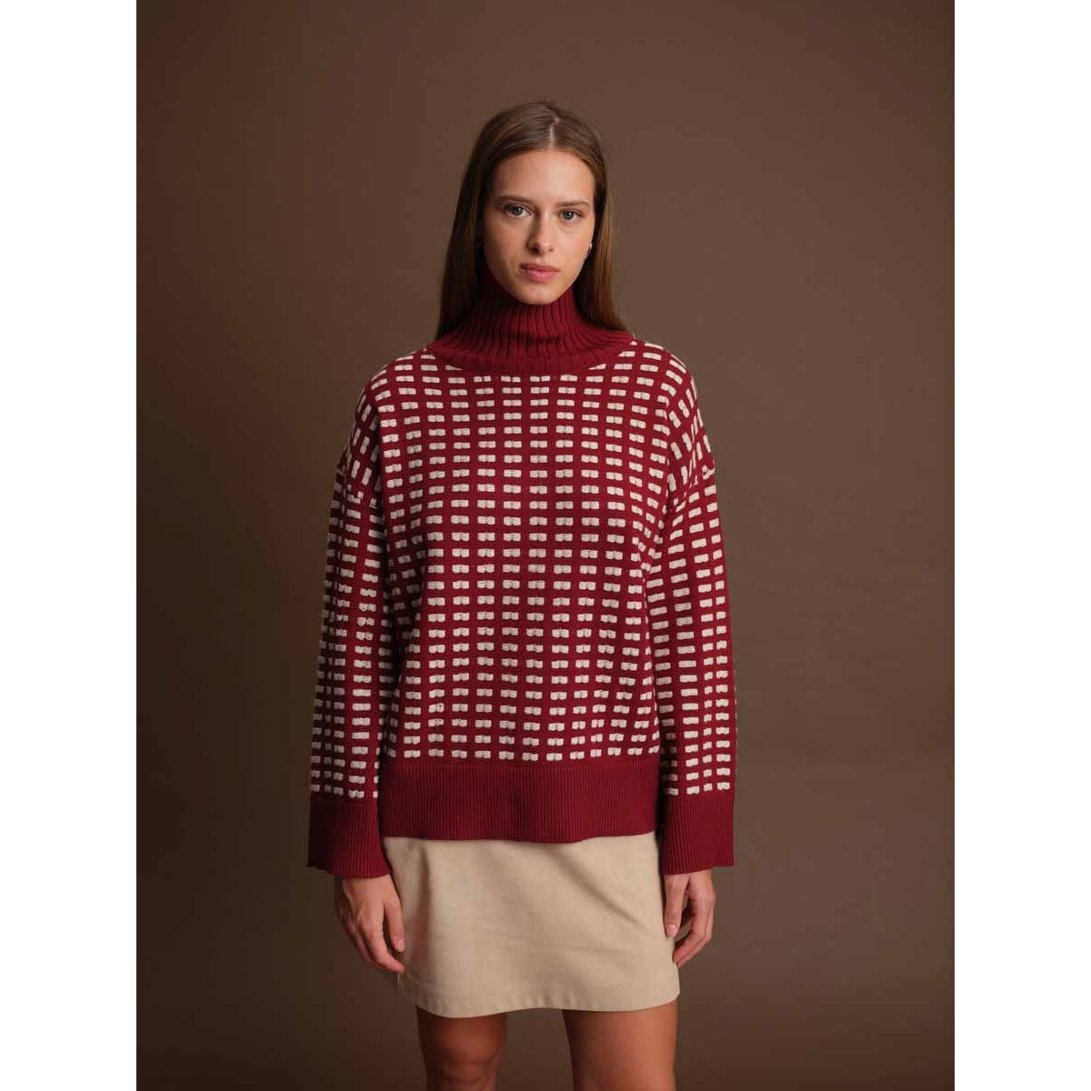 Deluc - Robert Turtleneck Sweater in Wine/Ecru