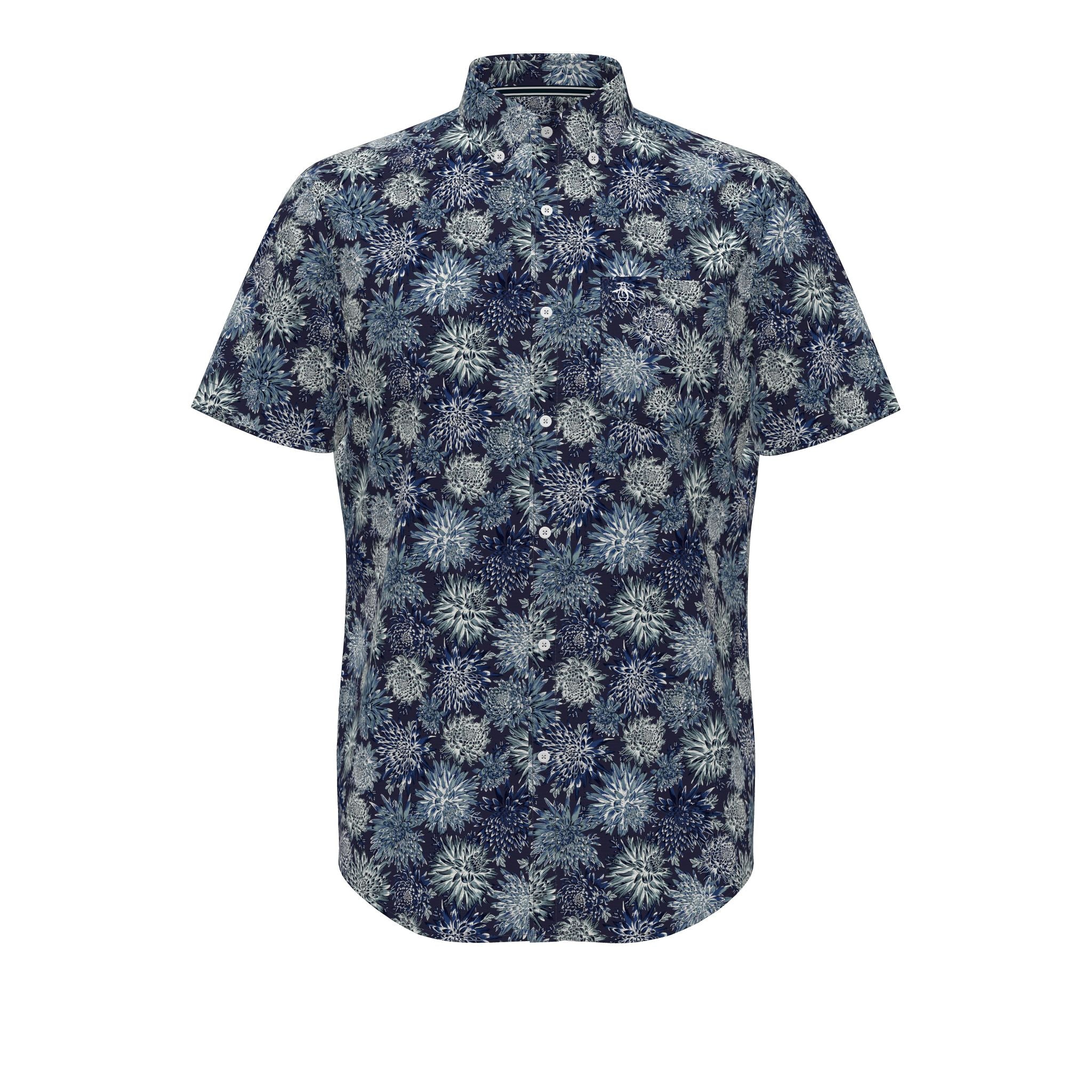 Penguin - Short Sleeve Linen Button Up in Dark Sapphire Floral