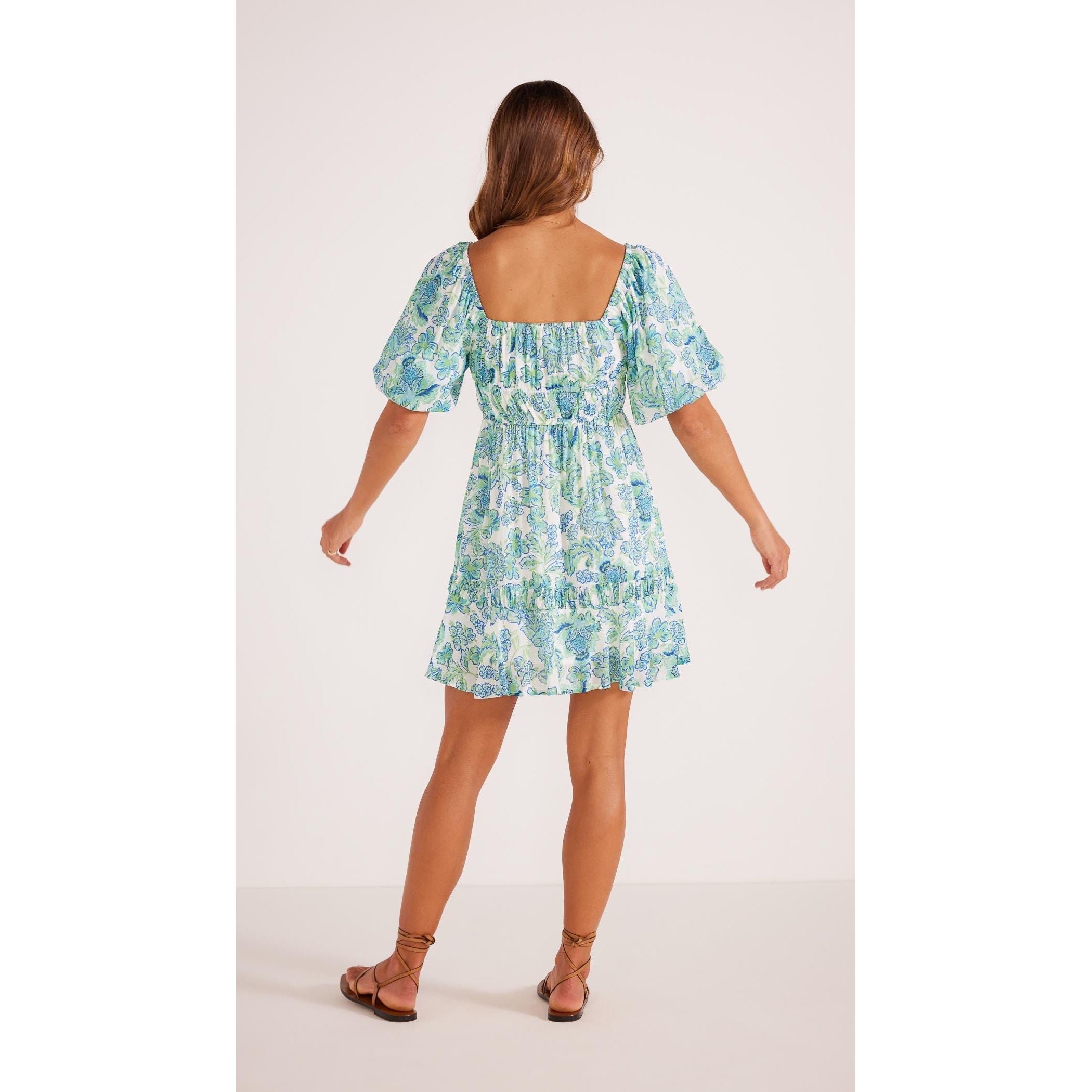 Mink Pink - Alessia Puffed Sleeve Dress in Blue Green Floral