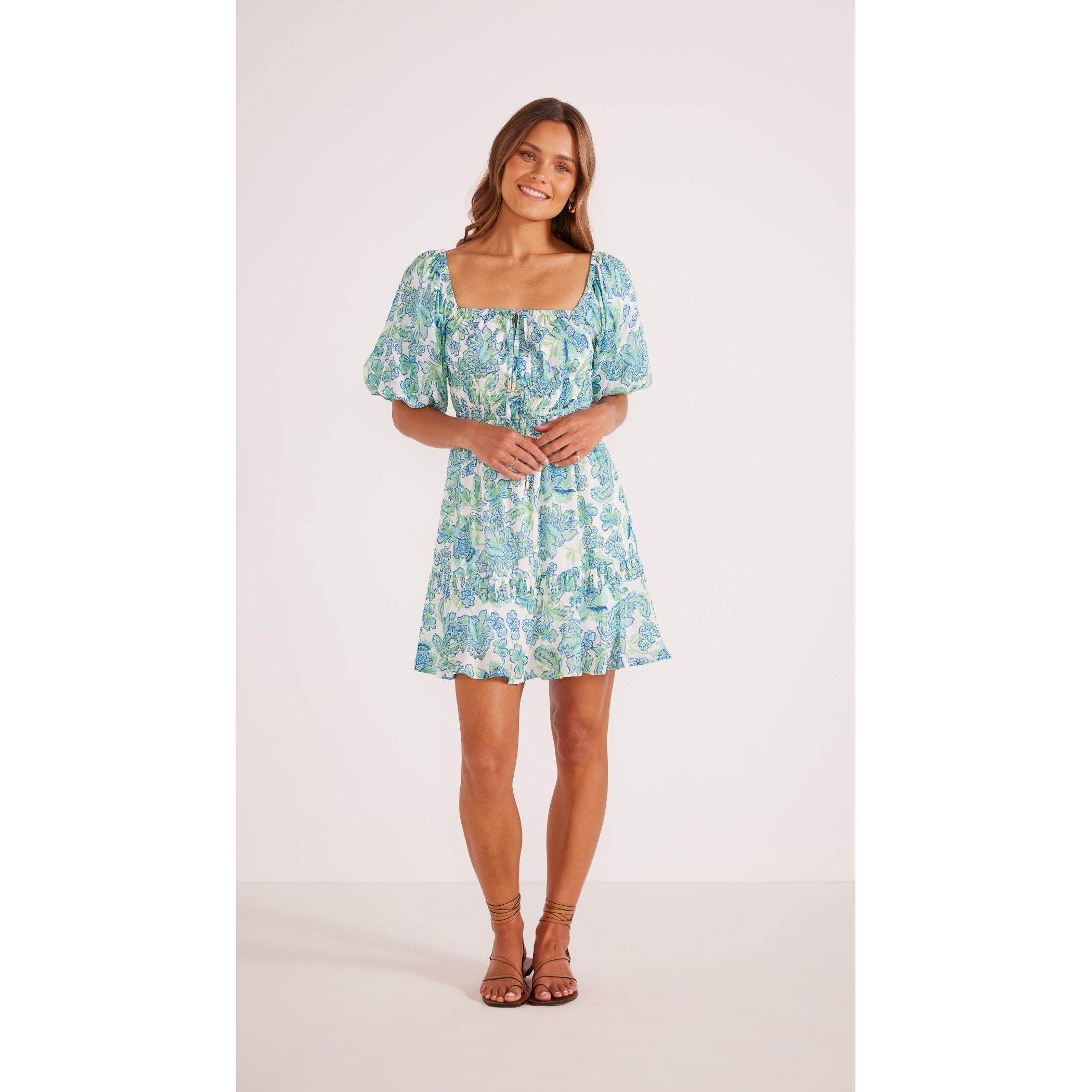 Mink Pink - Alessia Puffed Sleeve Dress in Blue Green Floral