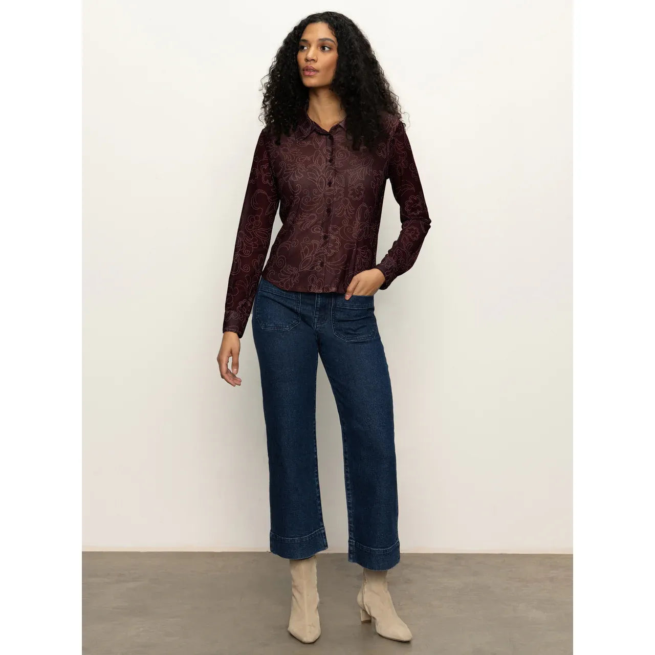 Sanctuary - Fitted Mesh Button Down Blouse in Mineral Paisley