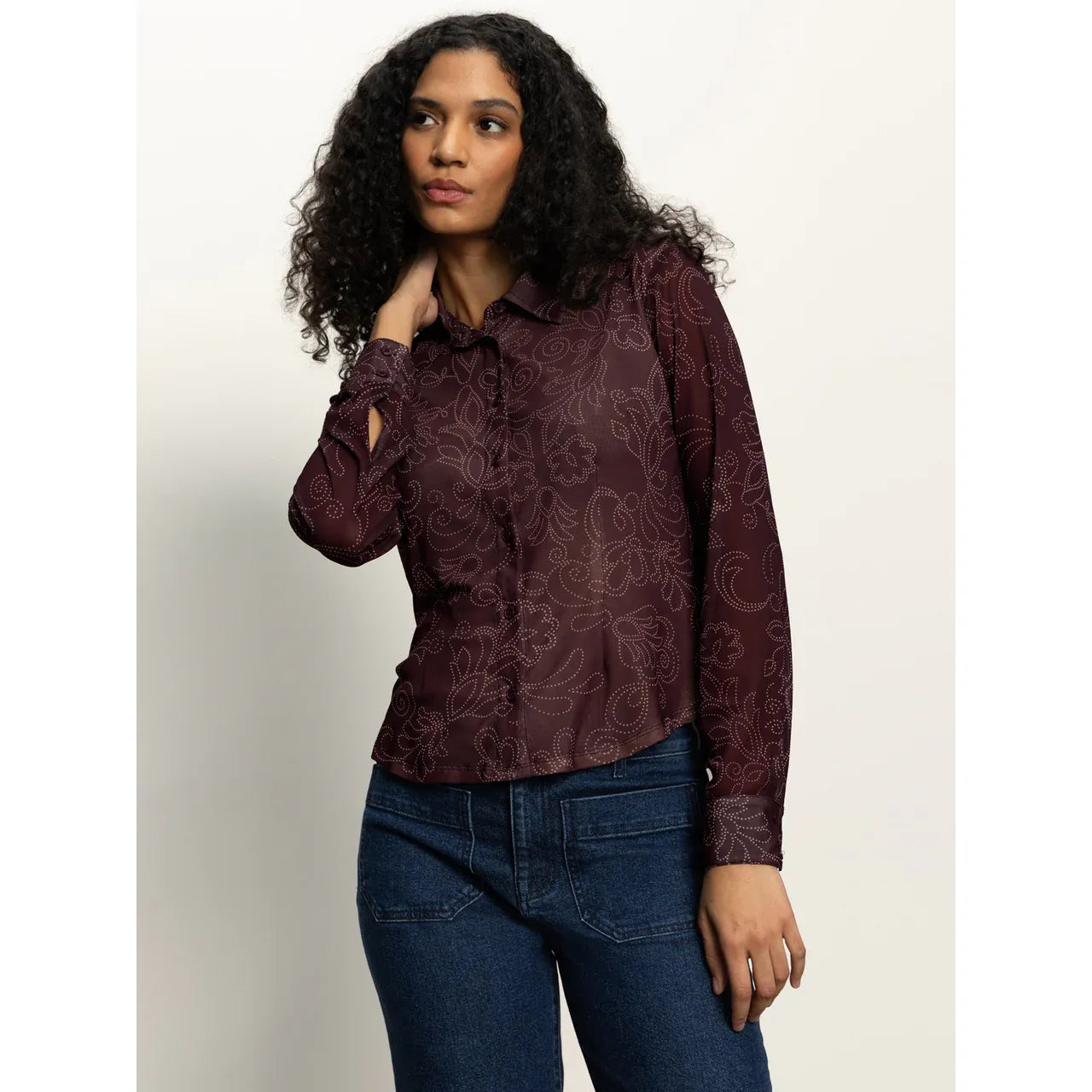 Sanctuary - Fitted Mesh Button Down Blouse in Mineral Paisley