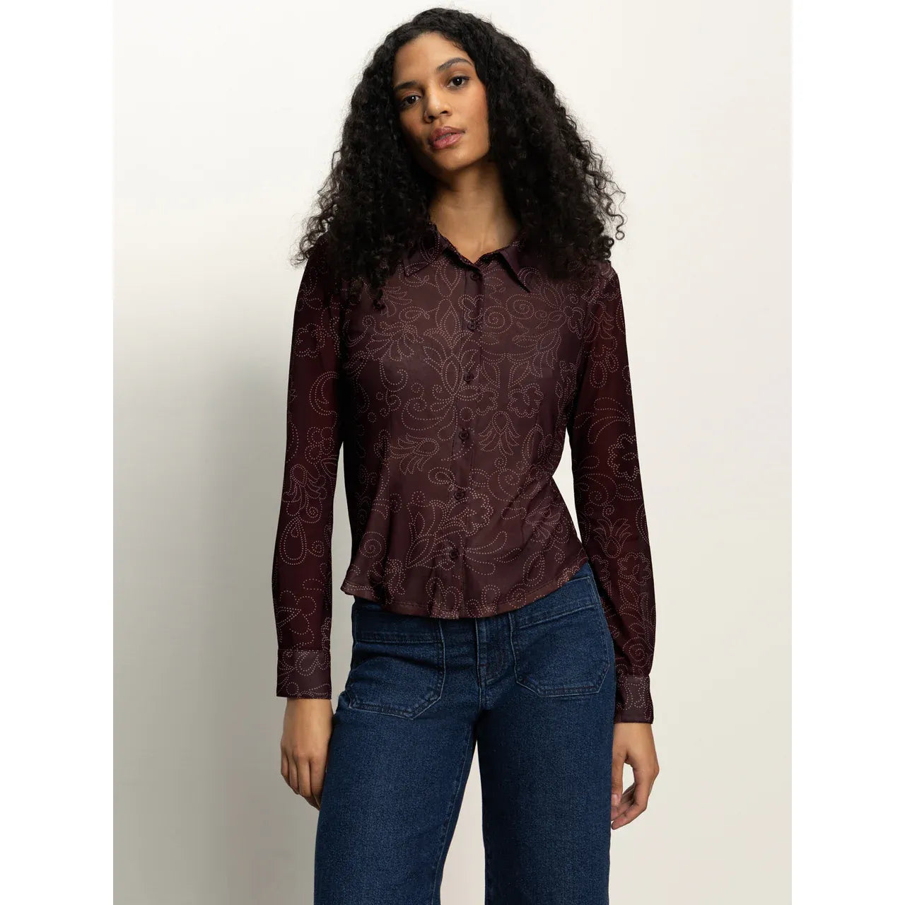 Sanctuary - Fitted Mesh Button Down Blouse in Mineral Paisley