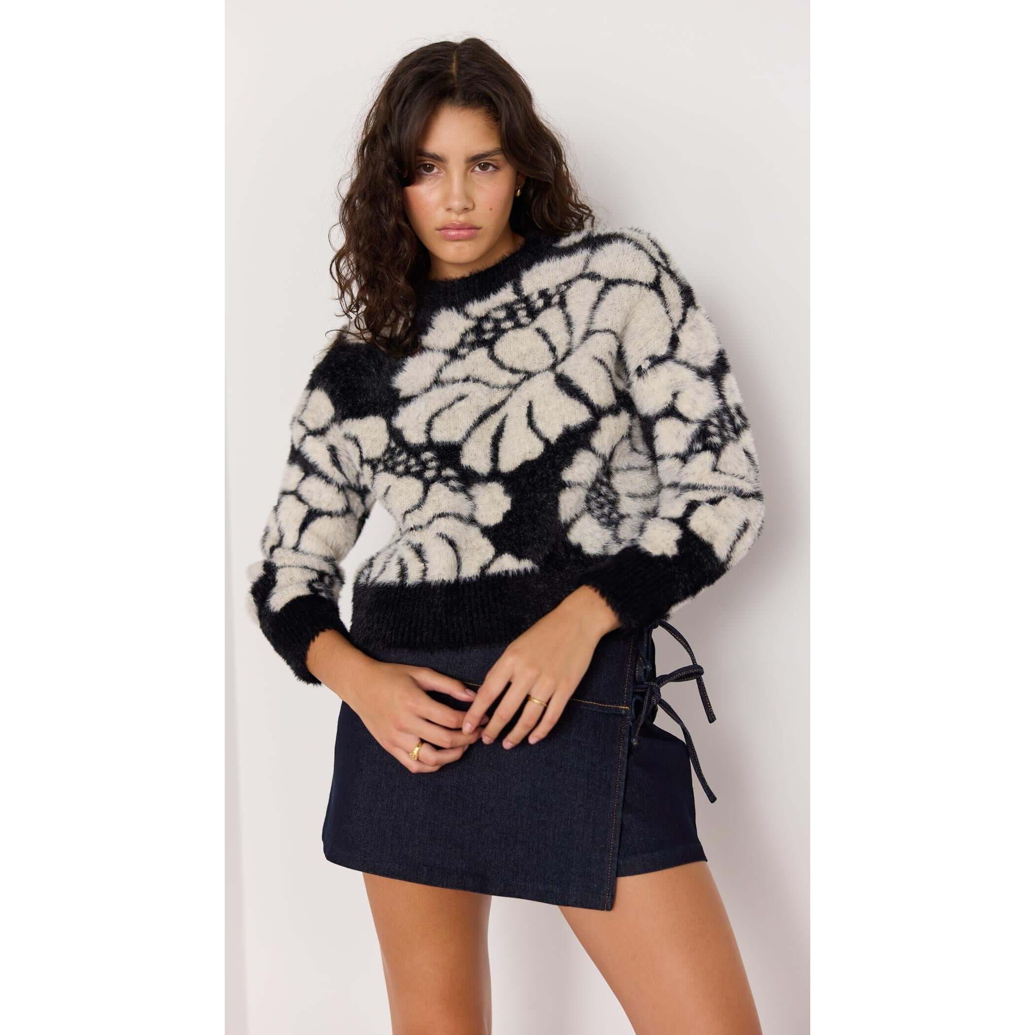 Mink Pink - Eden Intarsia Knit Sweater in Black/Cream