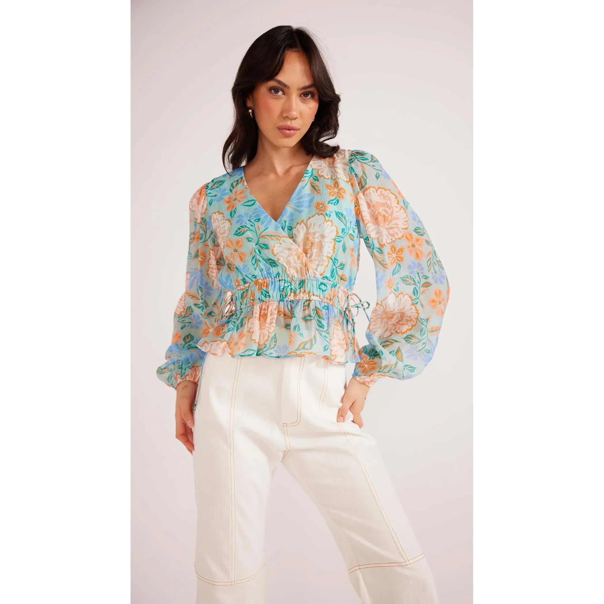 Mink Pink - Evelyn Wrap Blouse in Mint Floral