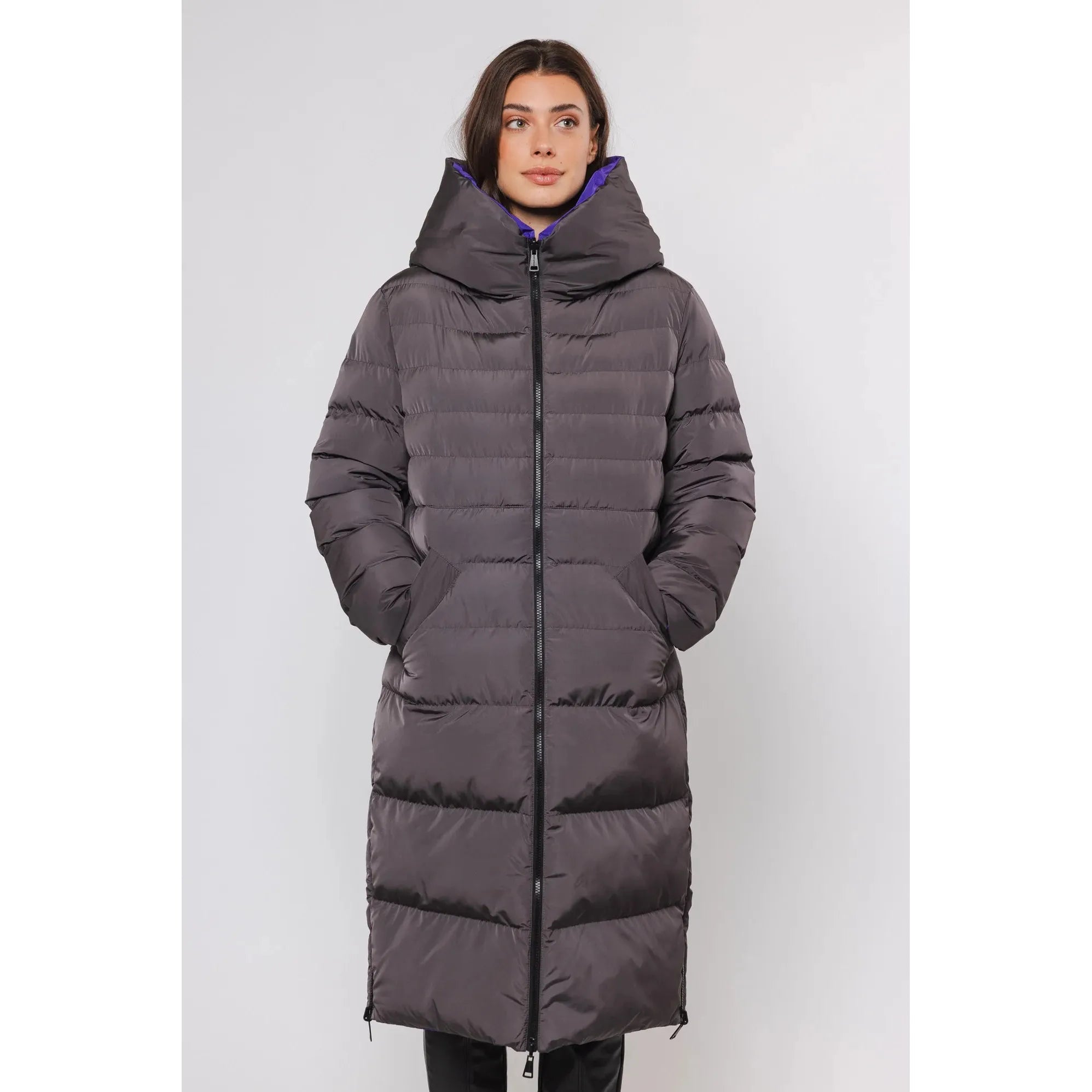 Rino & Pelle - Keila Reversible Long Padded Coat in Graphite/Purple