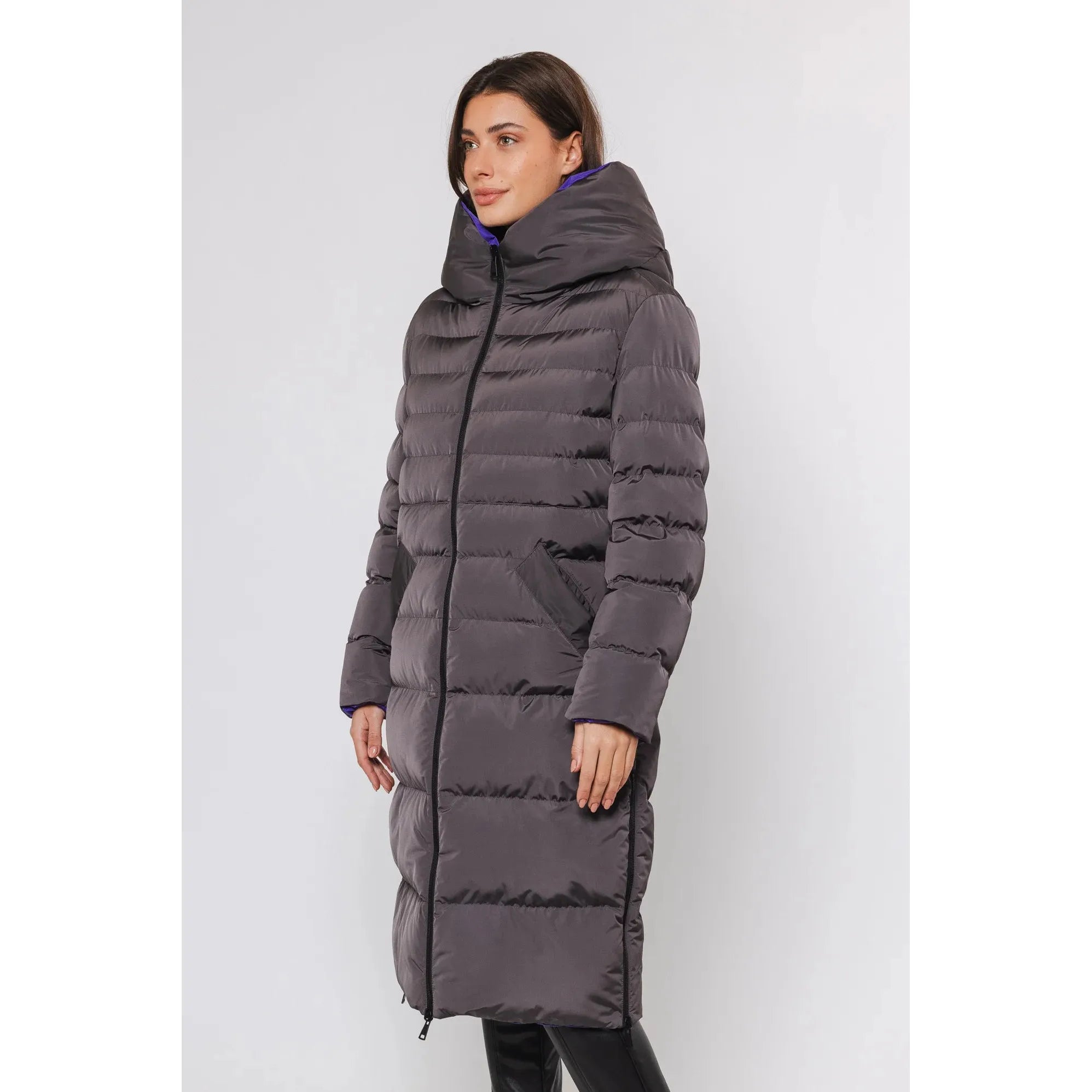 Rino & Pelle - Keila Reversible Long Padded Coat in Graphite/Purple