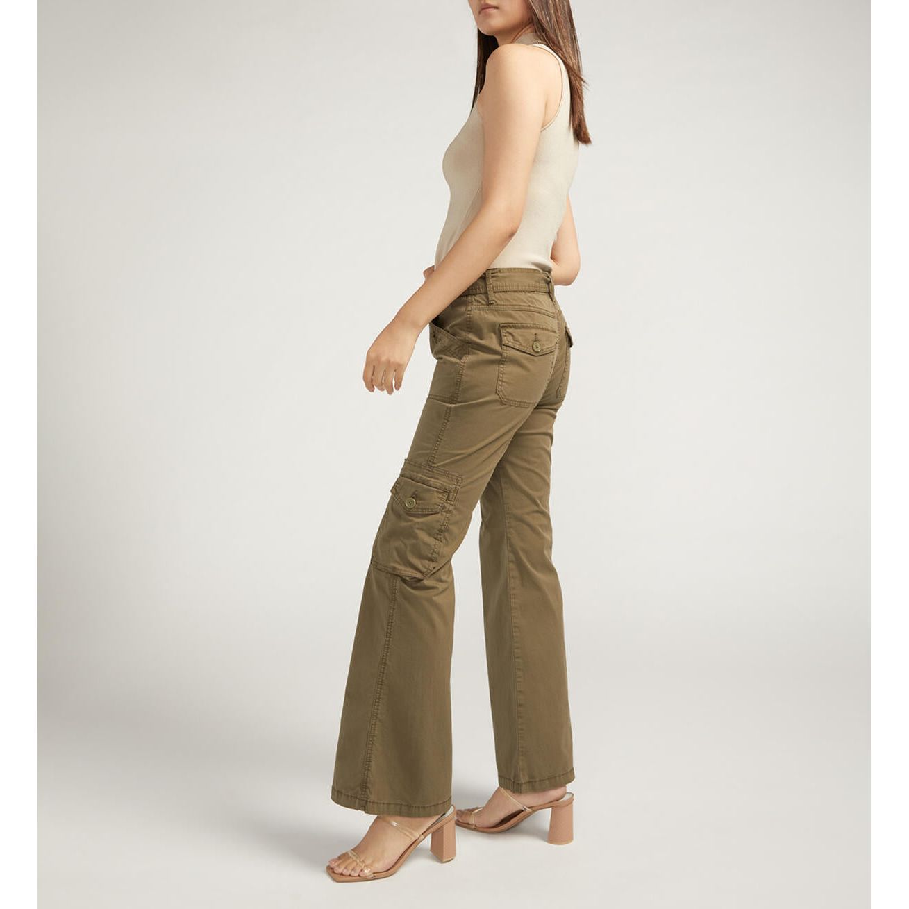Silver - Flare Belted Y2K Cargo Pant in Military Green