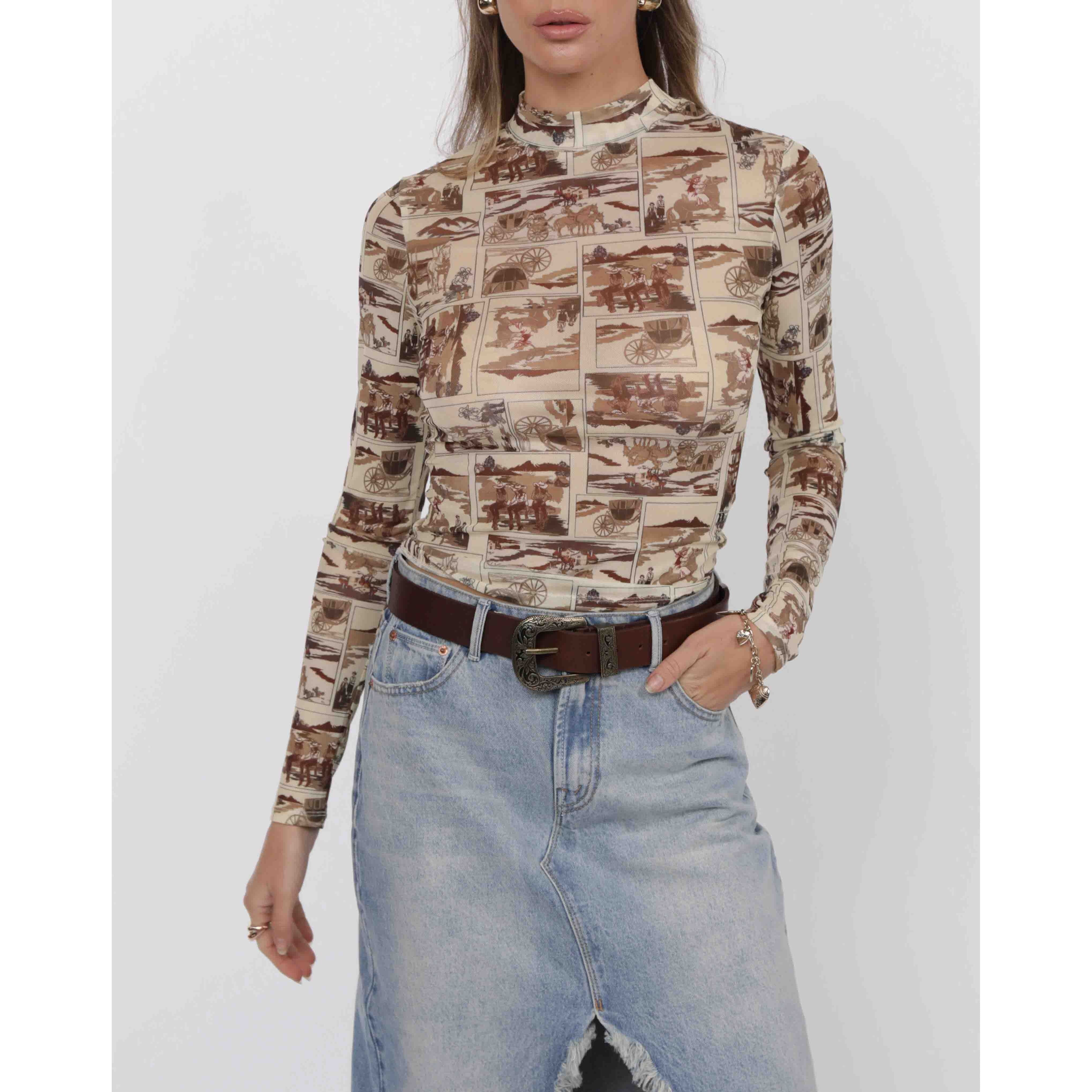 Sage The Label - Giddy Up Mock Neck Mesh Long Sleeve in Brown Multi