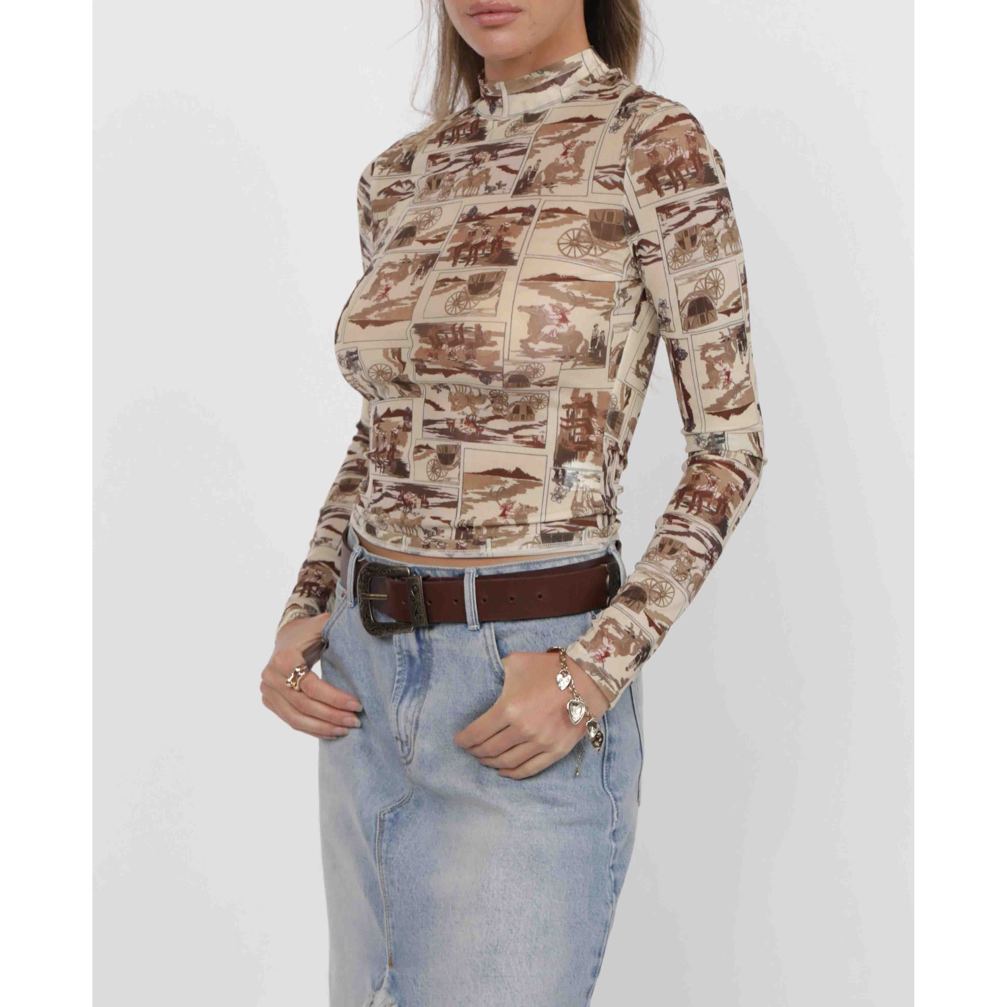 Sage The Label - Giddy Up Mock Neck Mesh Long Sleeve in Brown Multi