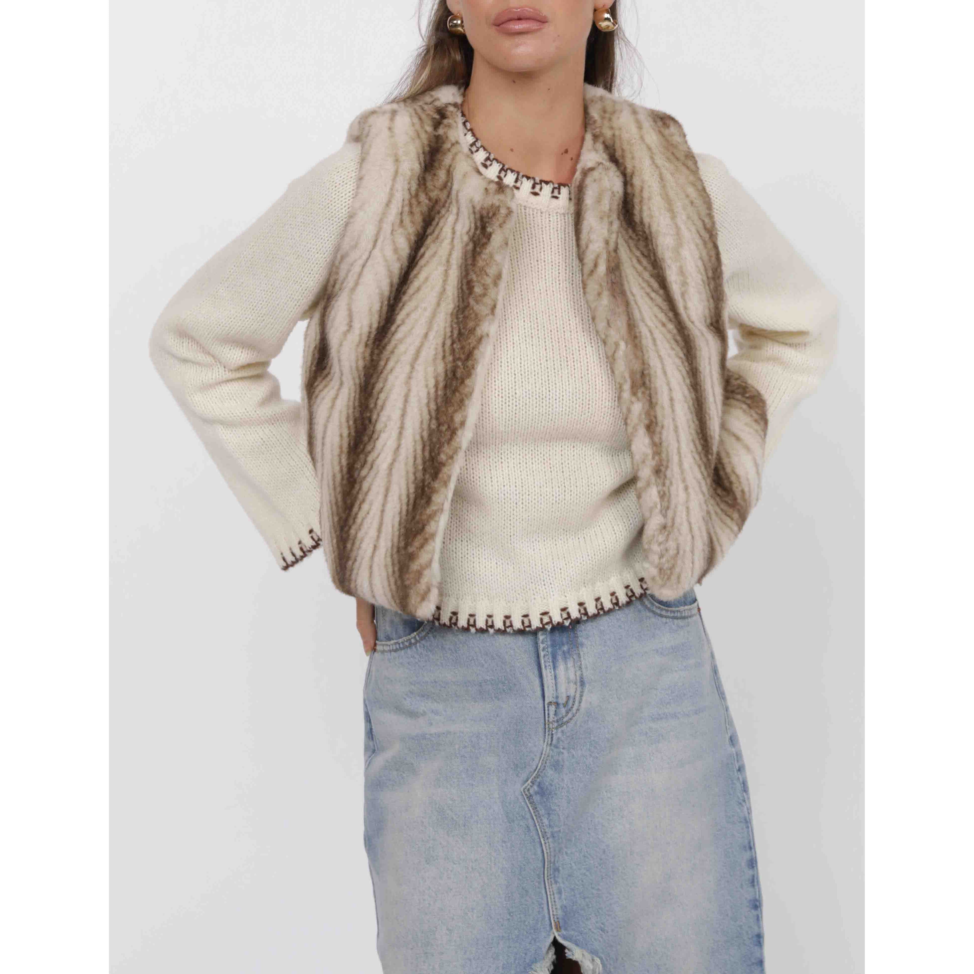 Sage The Label - Demi Cropped Faux Fur Vest in Ivory/Taupe