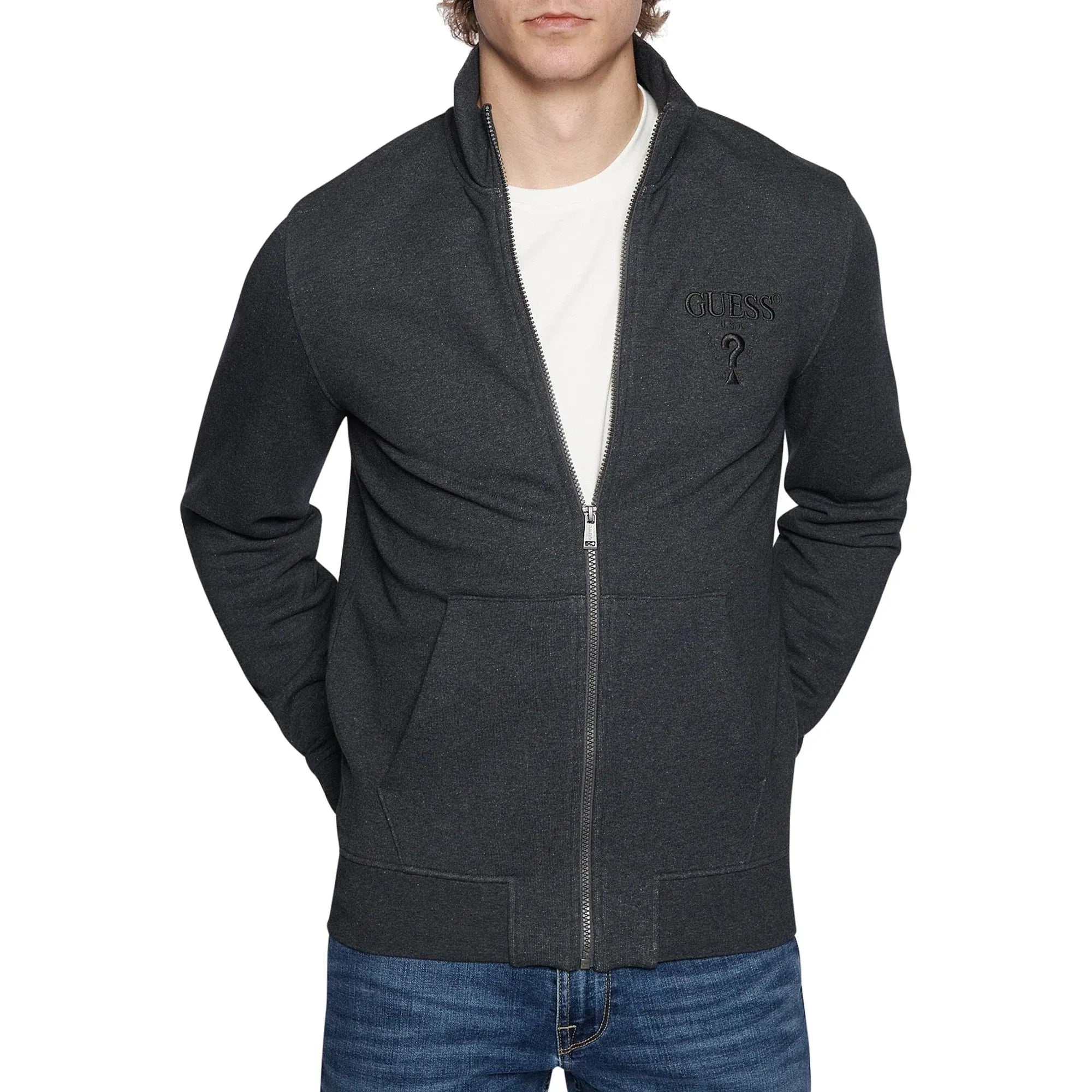 Guess - High Neck Full Zip Sweatshirt in Downy Heather