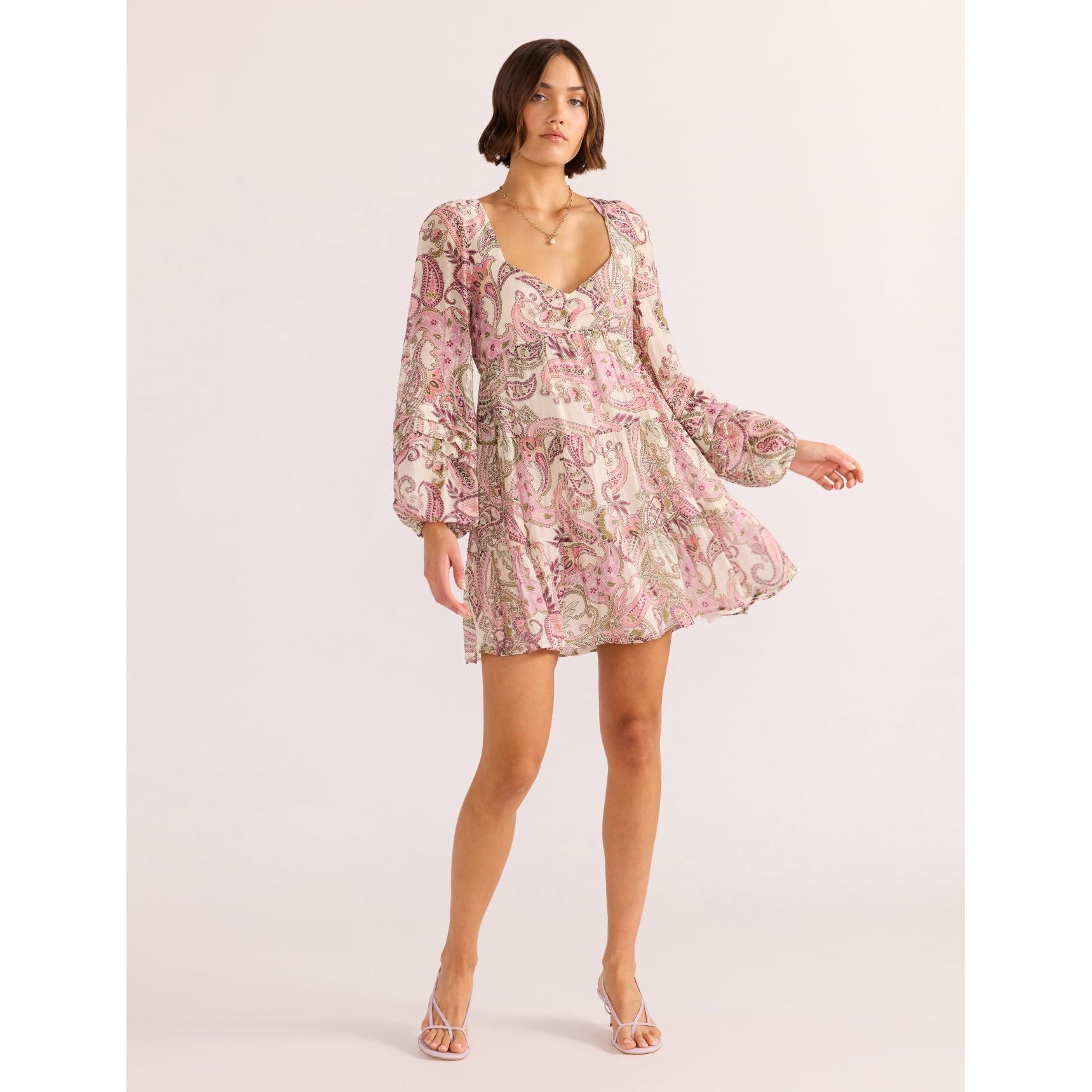 Mink Pink - Cadence Babydoll Mini Dress in Pink Paisley