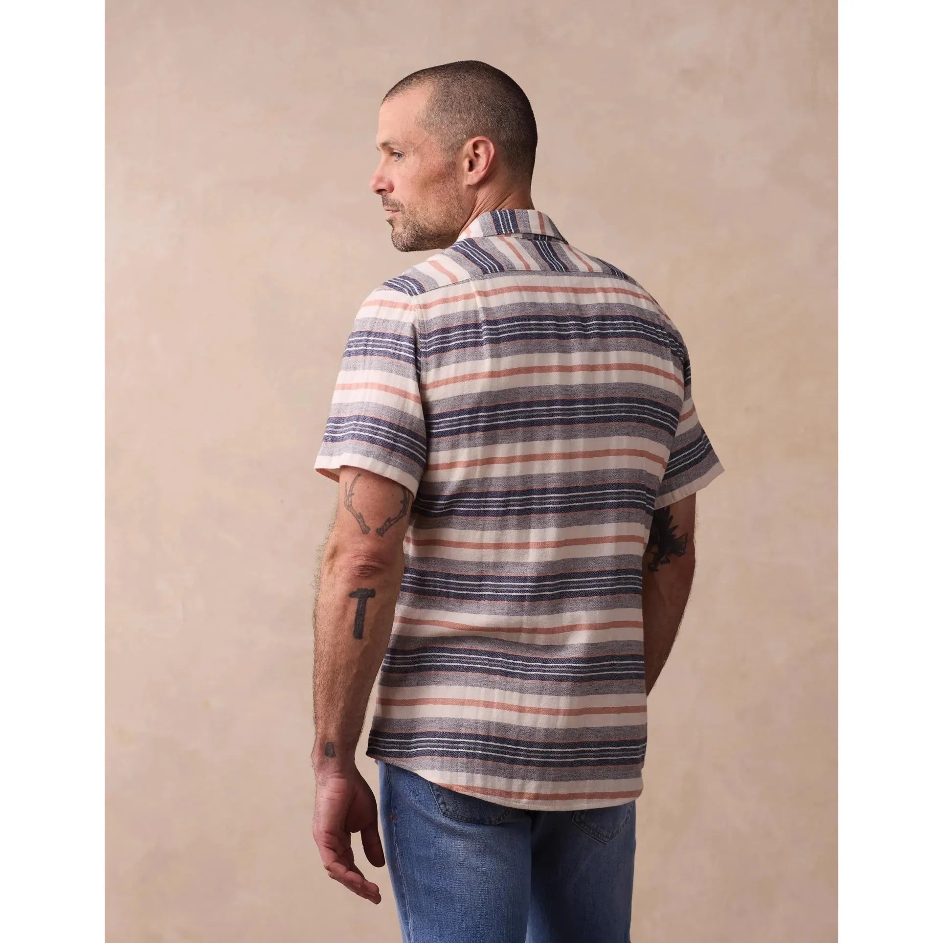 Normal Brand - Freshwater Short Sleeve Button Up Shirt in Adobe Rose Stripe