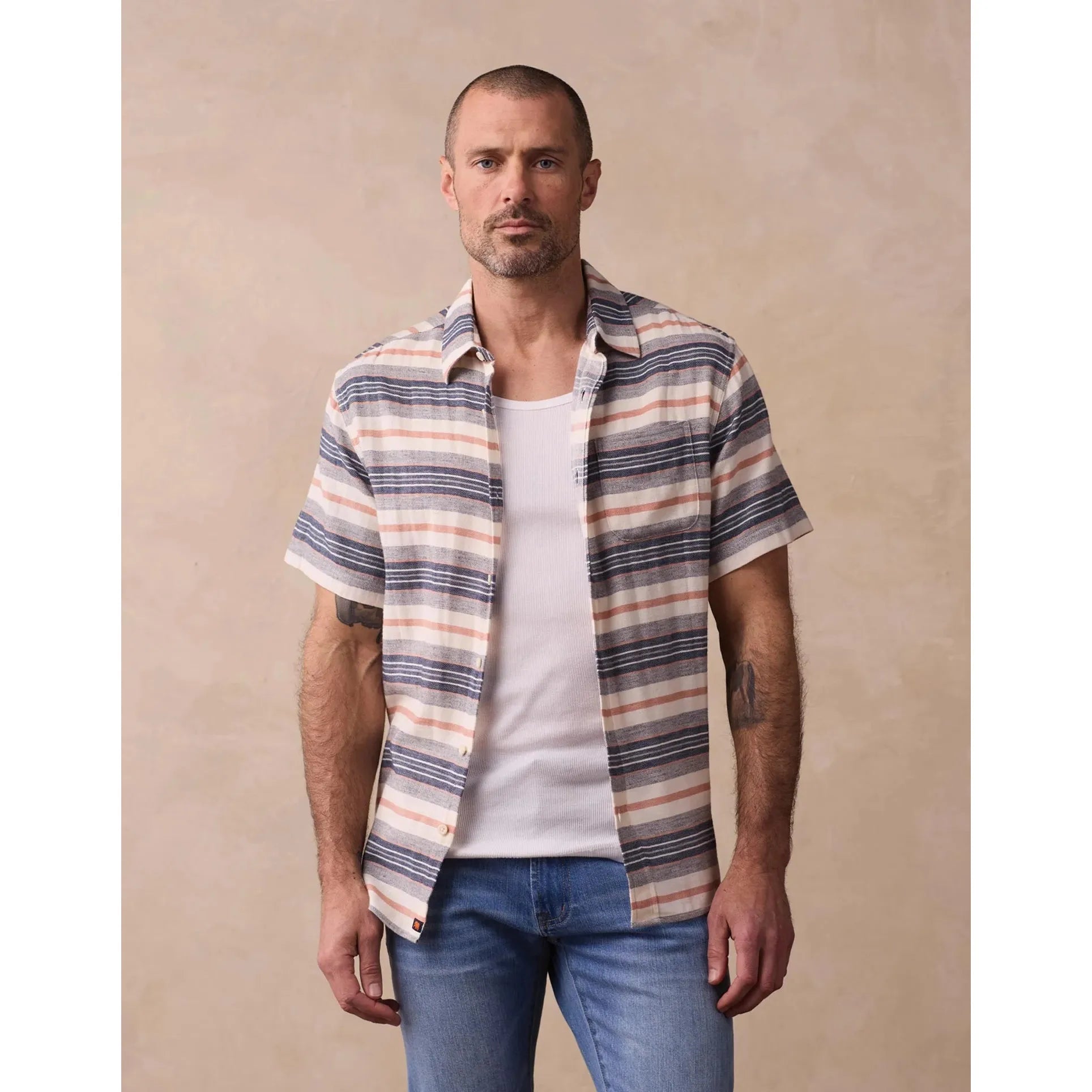 Normal Brand - Freshwater Short Sleeve Button Up Shirt in Adobe Rose Stripe