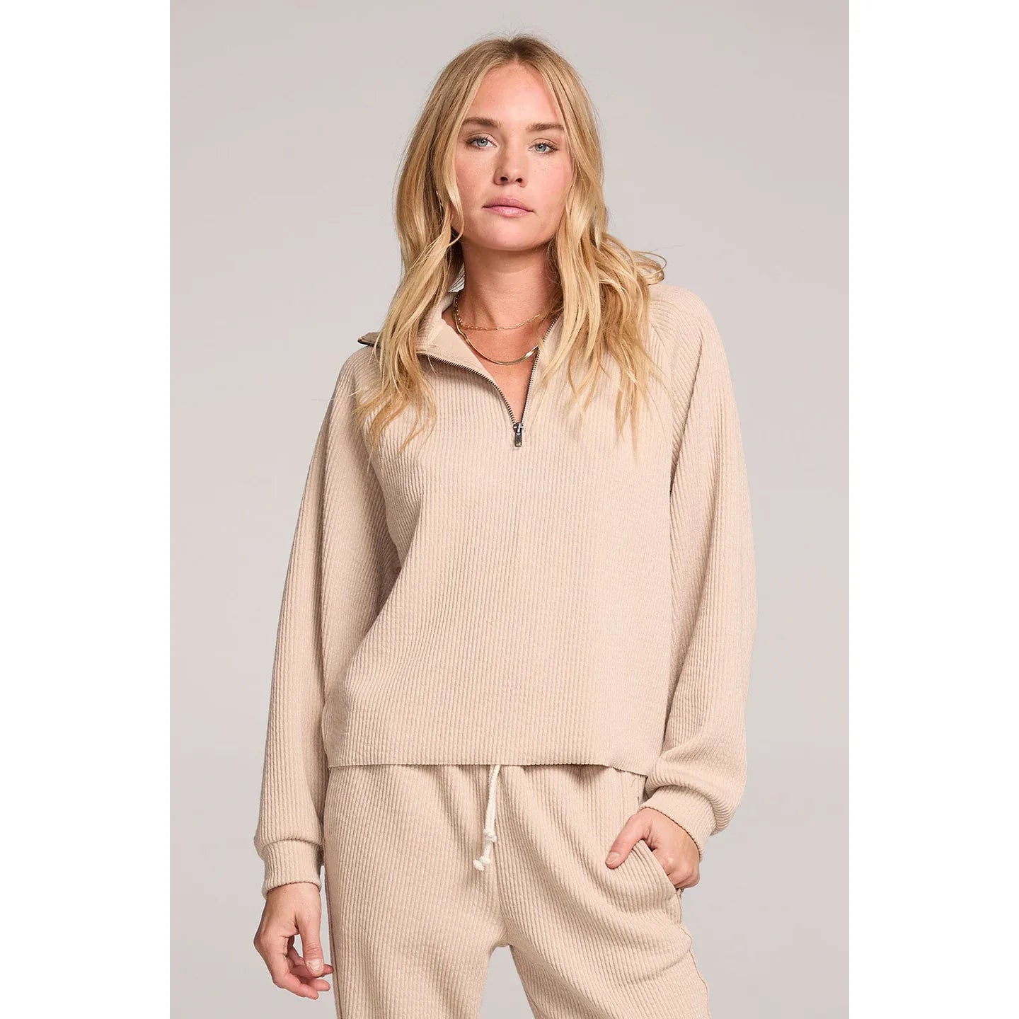 Saltwater Luxe - Half Zip Rustic Raglan Pullover in Sand