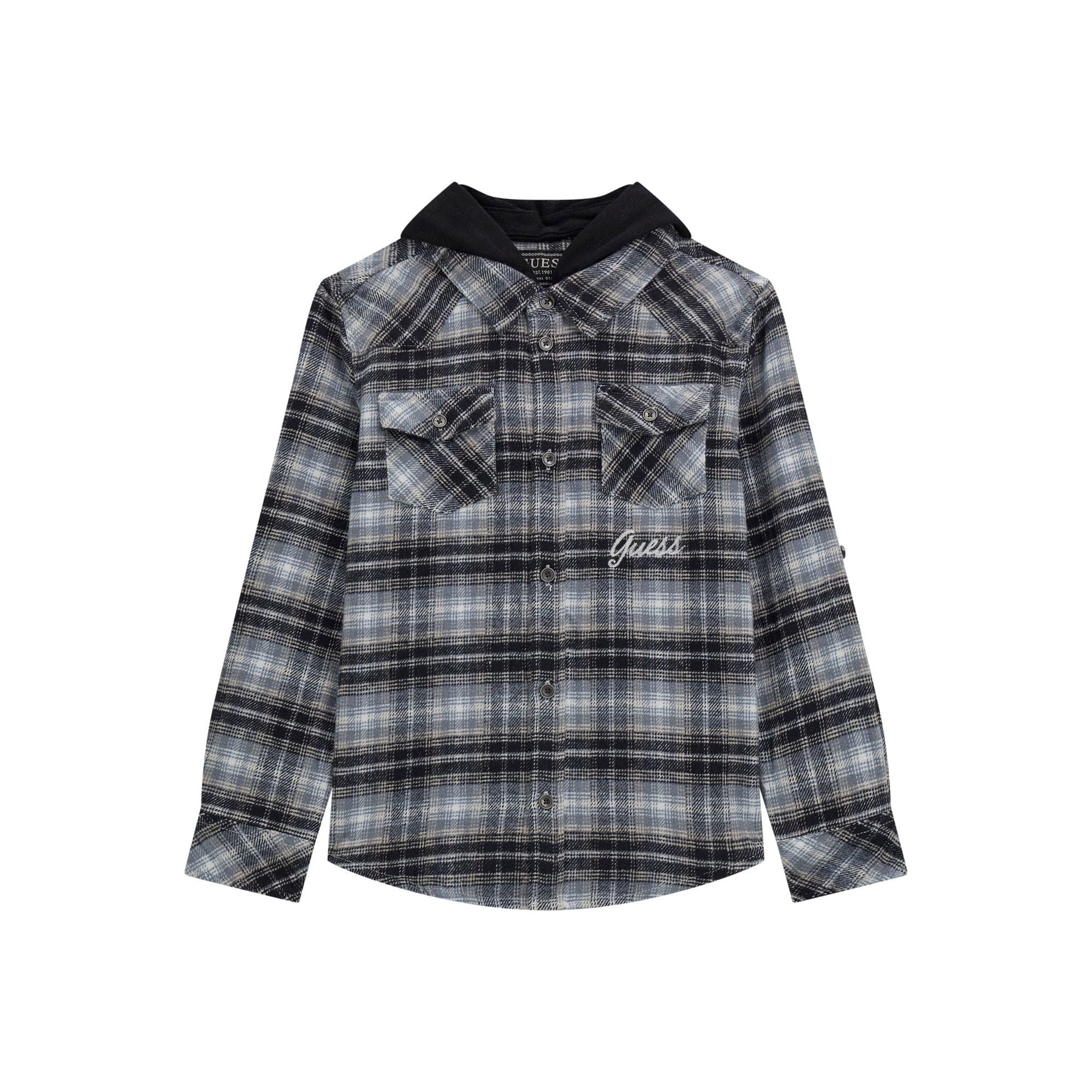 Guess - Boys Hooded Flannel in Black Check