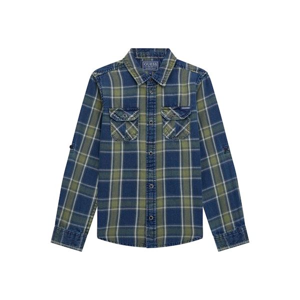 Guess - Boys Twill Shirt in Green Check