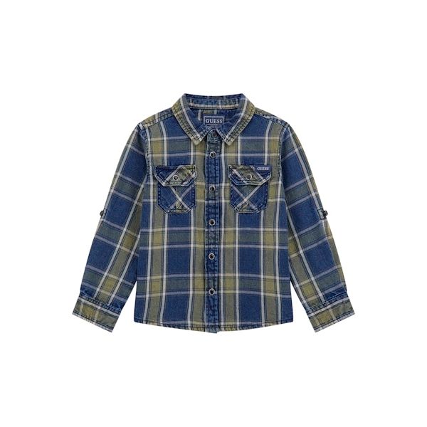 Guess - Toddler Boys Indigo Twill Shirt in Green Check
