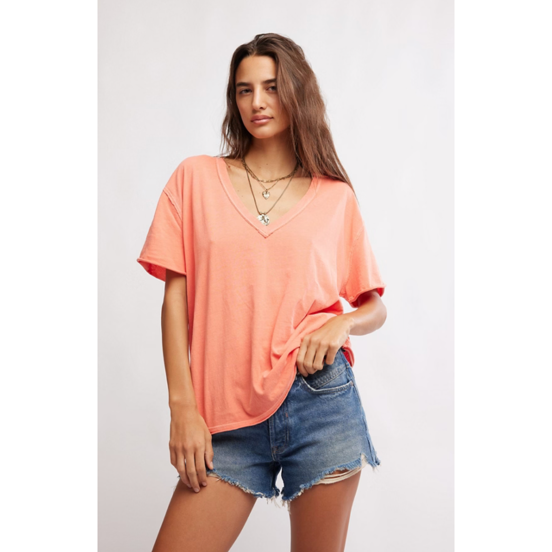 Free People - Nina V-Neck Tee in Thriving Coral