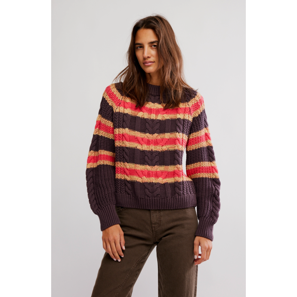 Free People - Frankie Cable Striped Sweater in Chocolate Combo