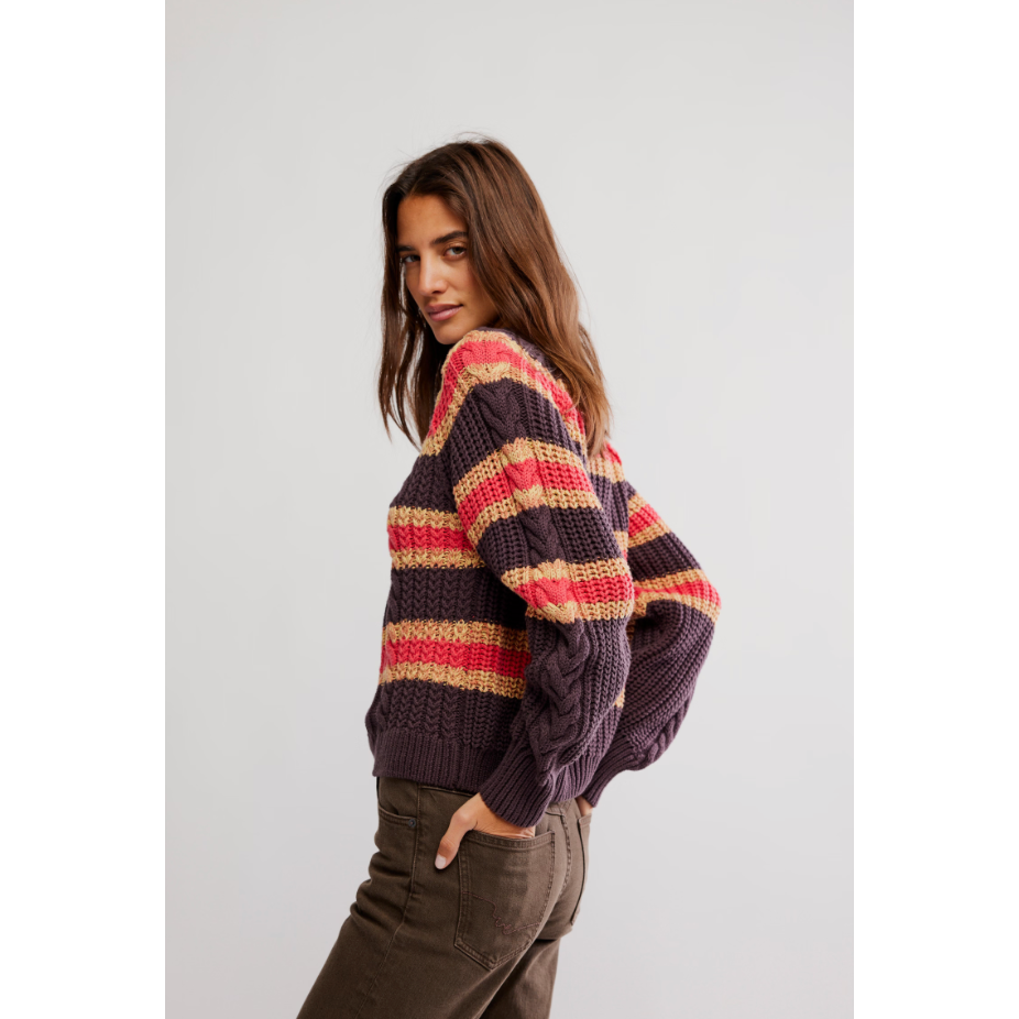 Free People - Frankie Cable Striped Sweater in Chocolate Combo