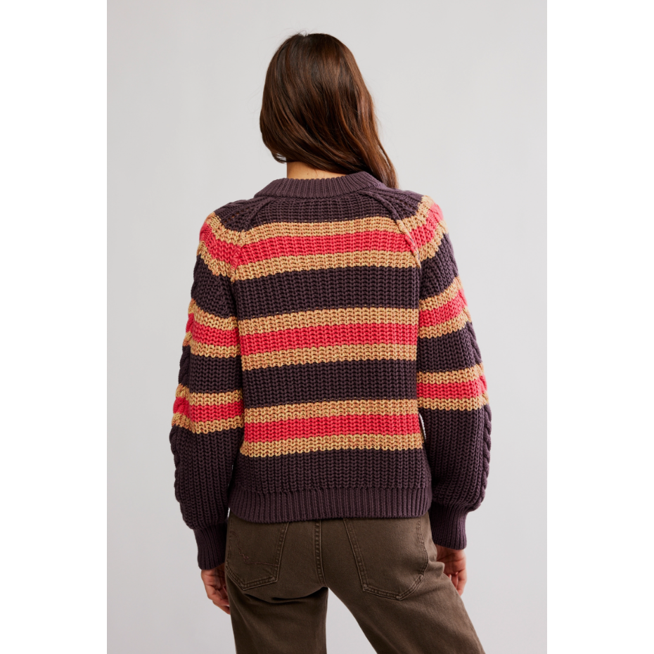 Free People - Frankie Cable Striped Sweater in Chocolate Combo