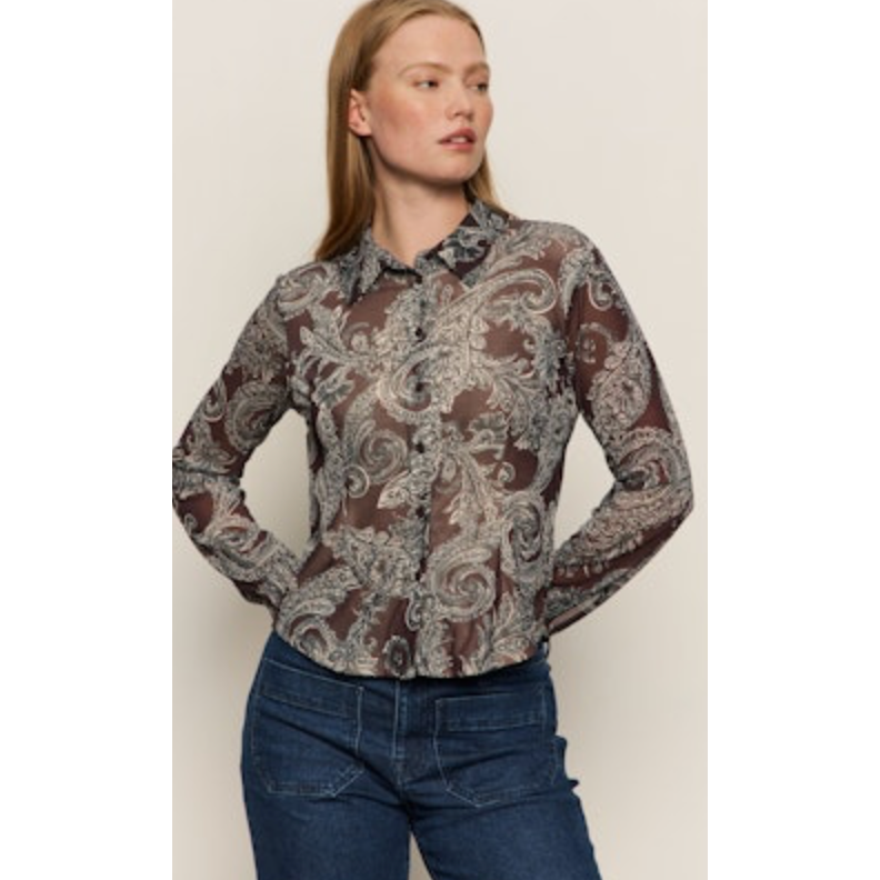 Sanctuary - Fitted Mesh Button Down Blouse in Mineral Paisley