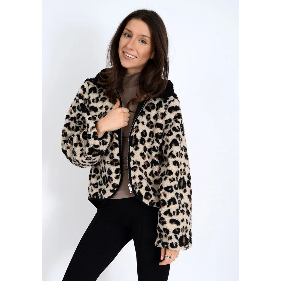 RD Style - Joline Sherpa Zip Front Jacket in Animal Black