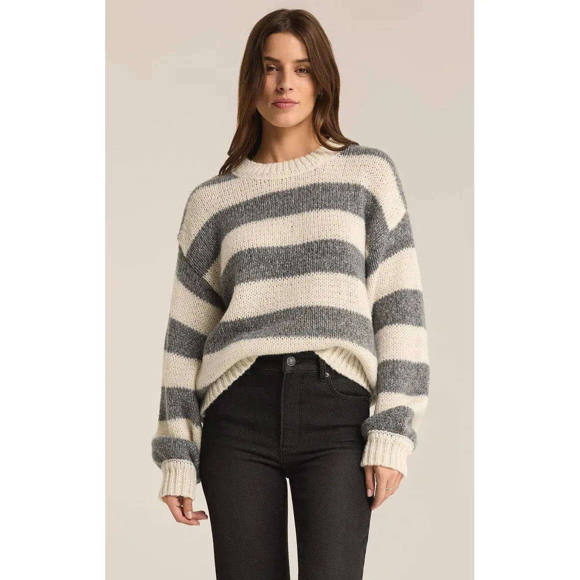 Z Supply - Anders Stripe Crew Neck Sweater in Heather Grey