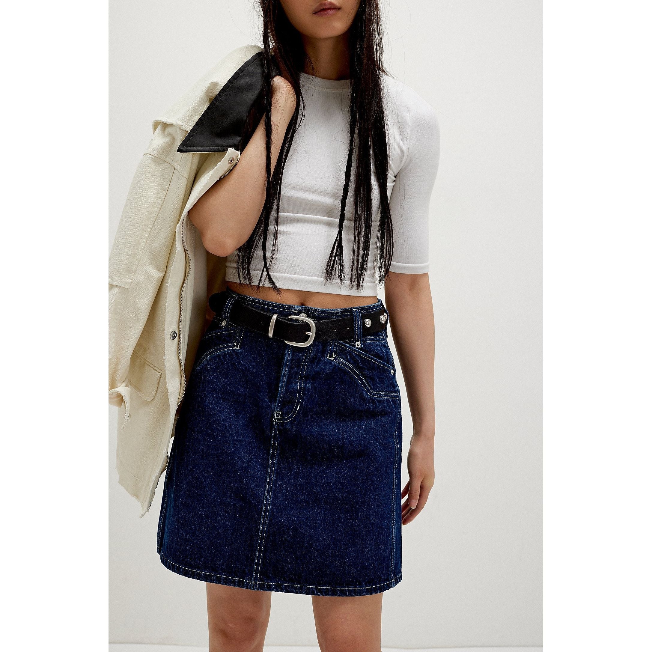 Free People - Suzy Denim Midi Skirt in Deep Blue Cursh