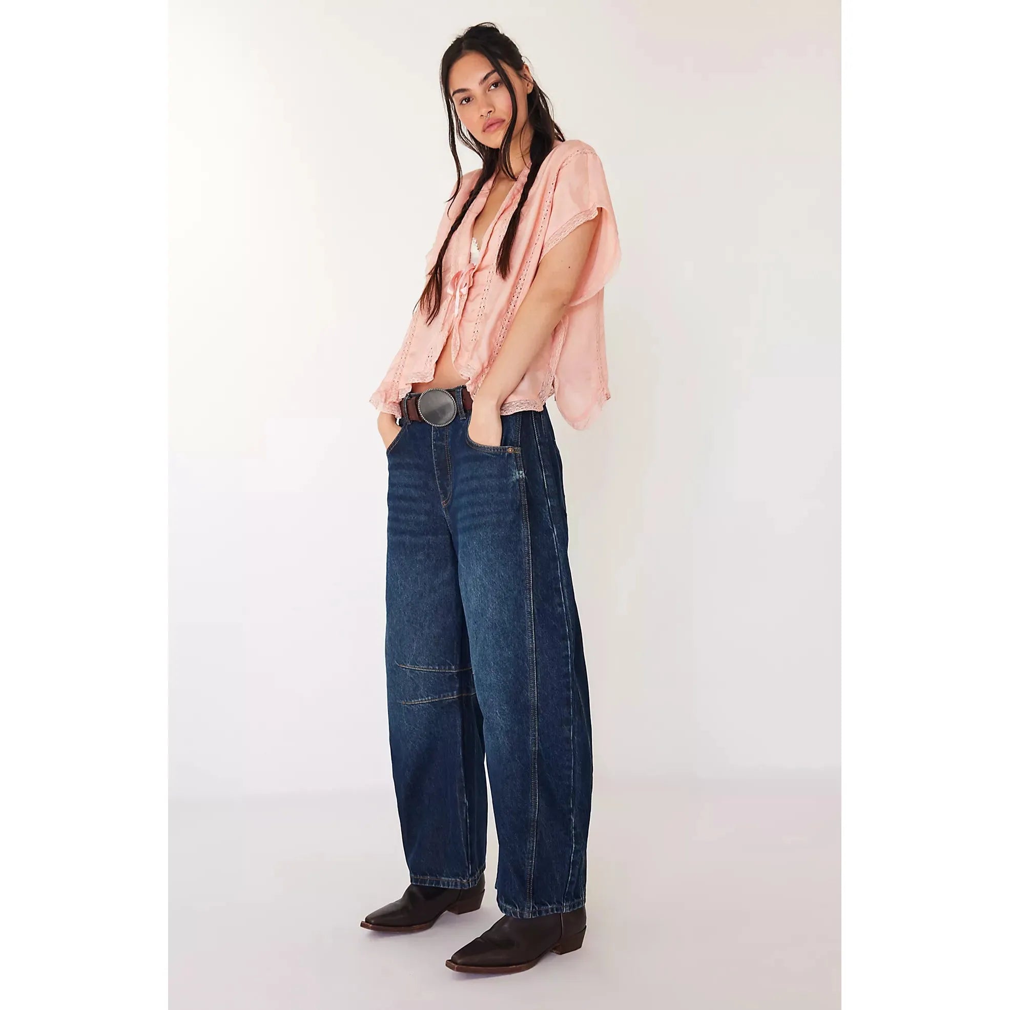Free People - Good Luck Mid-Rise Barrel Jeans in Deep End