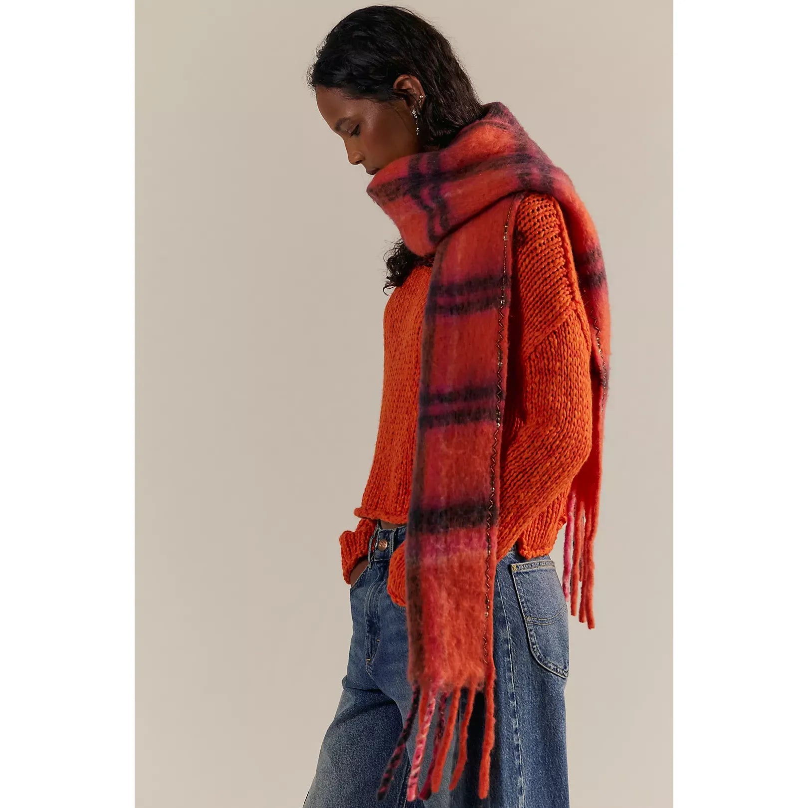 Free People - Highland Plaid Skinny Scarf in Pink