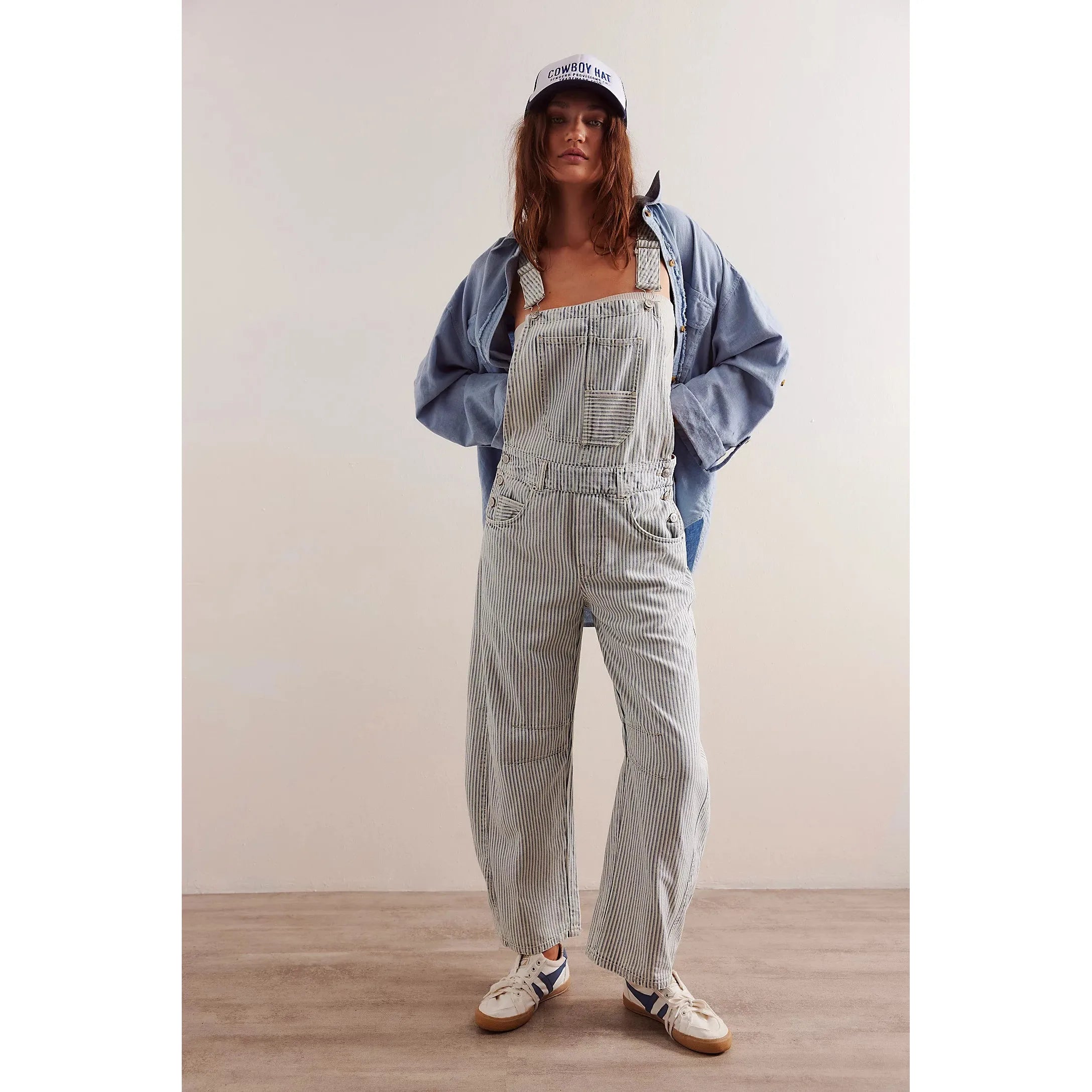 Free People - Good Luck Stripe Barrel Overalls in Indigo Railroad