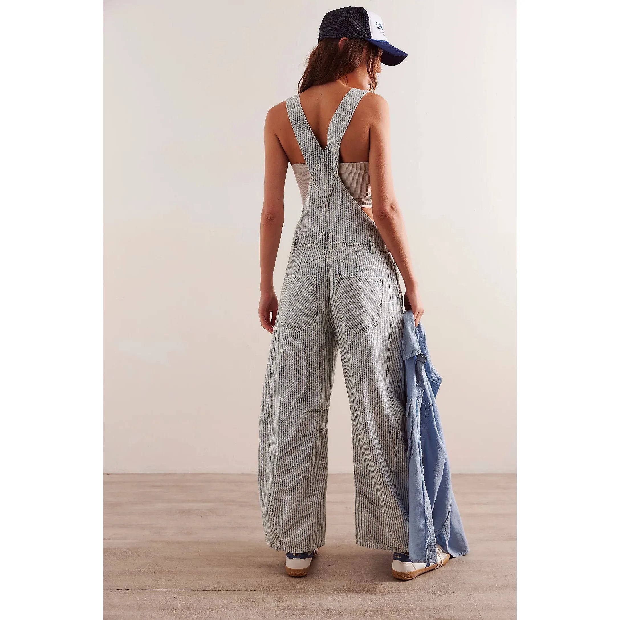 Free People - Good Luck Stripe Barrel Overalls in Indigo Railroad