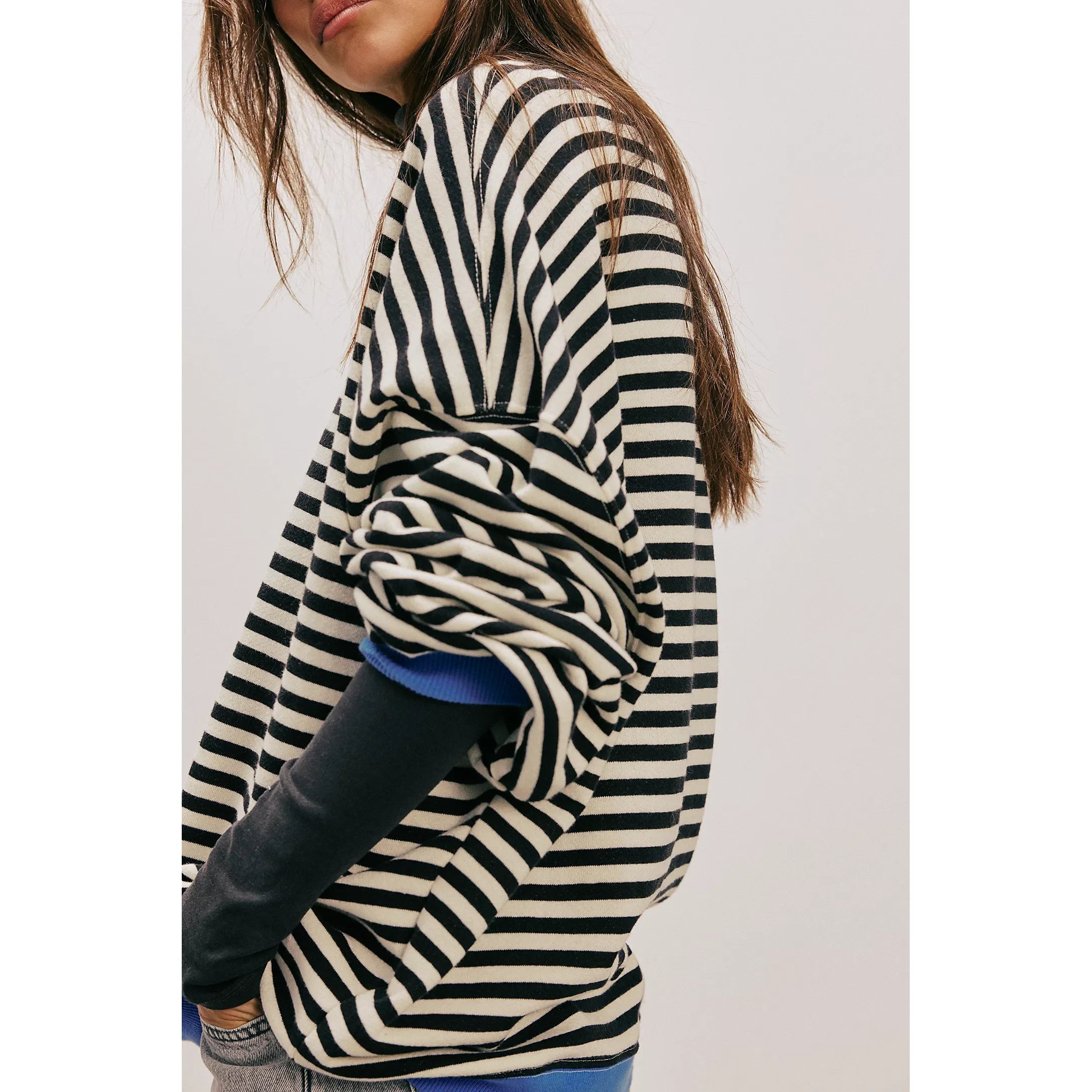 Free People - Classic Striped Oversized Crewneck in Black Combo