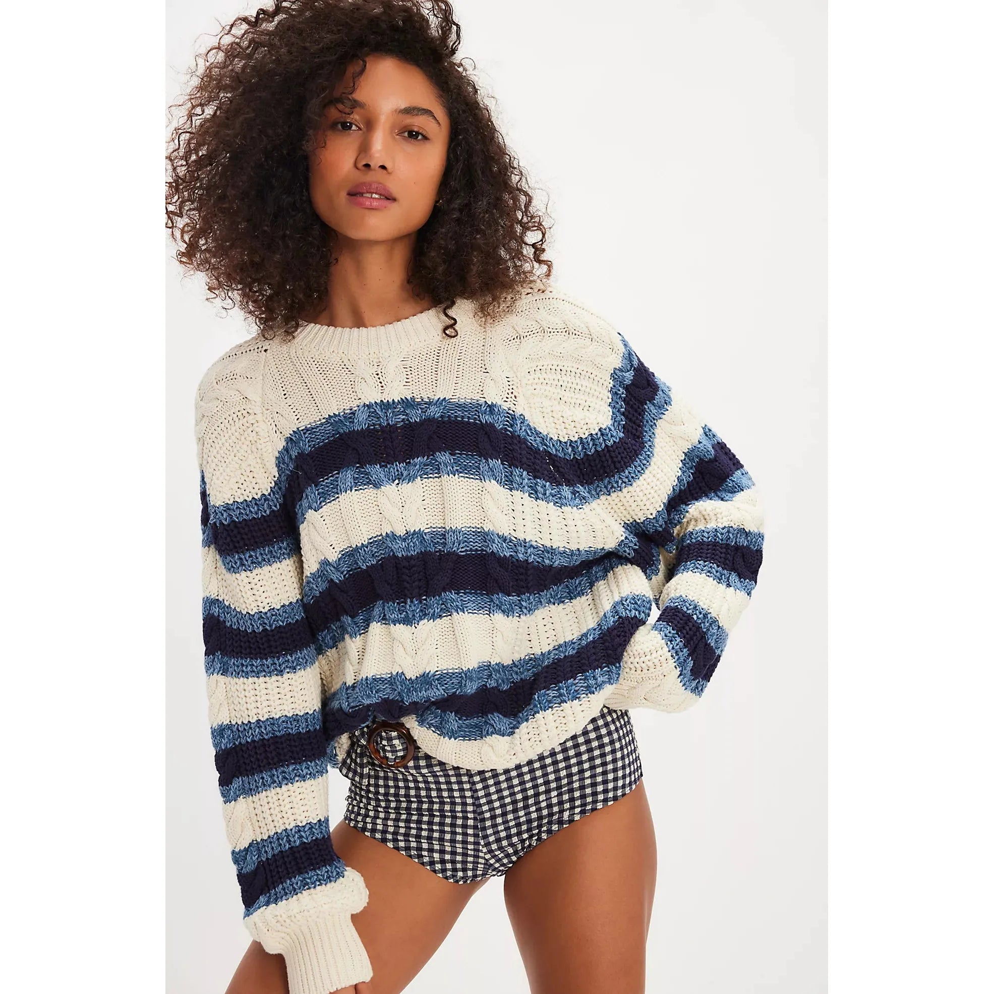 Free People - Frankie Cable Striped Sweater in Ivory Combo