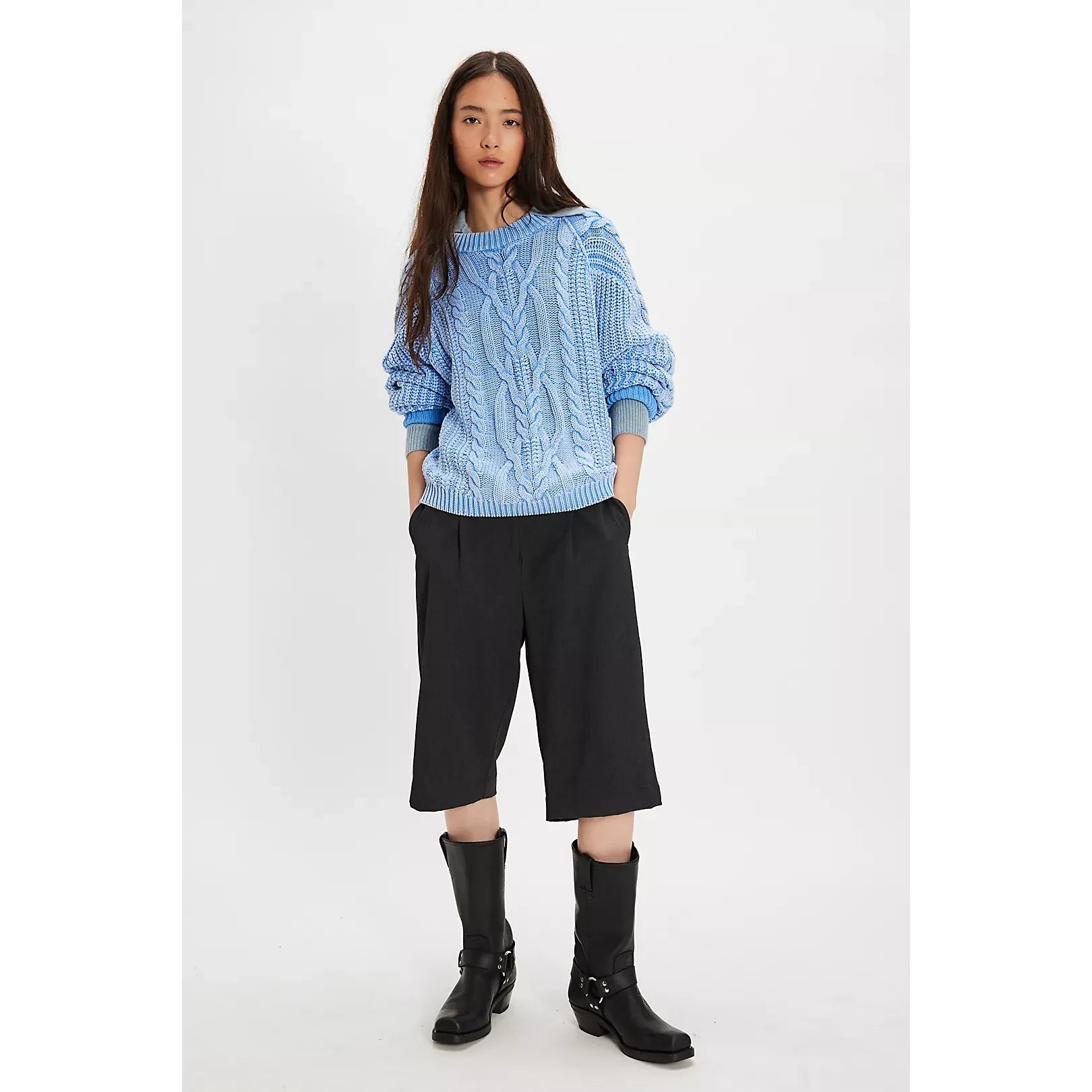 Free People - Frankie Cable Sweater in Della Robbia Blue