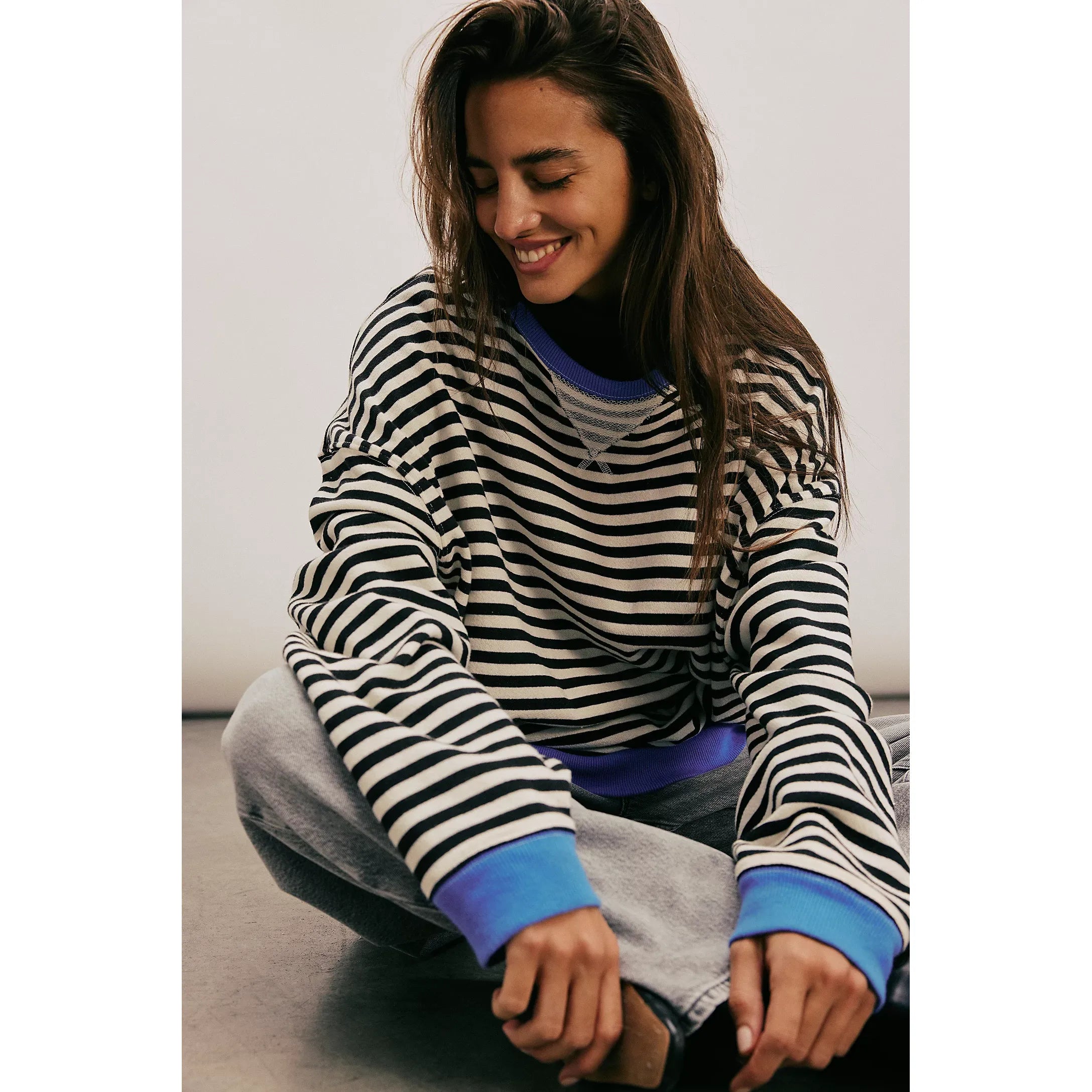 Free People - Classic Striped Oversized Crewneck in Black Combo