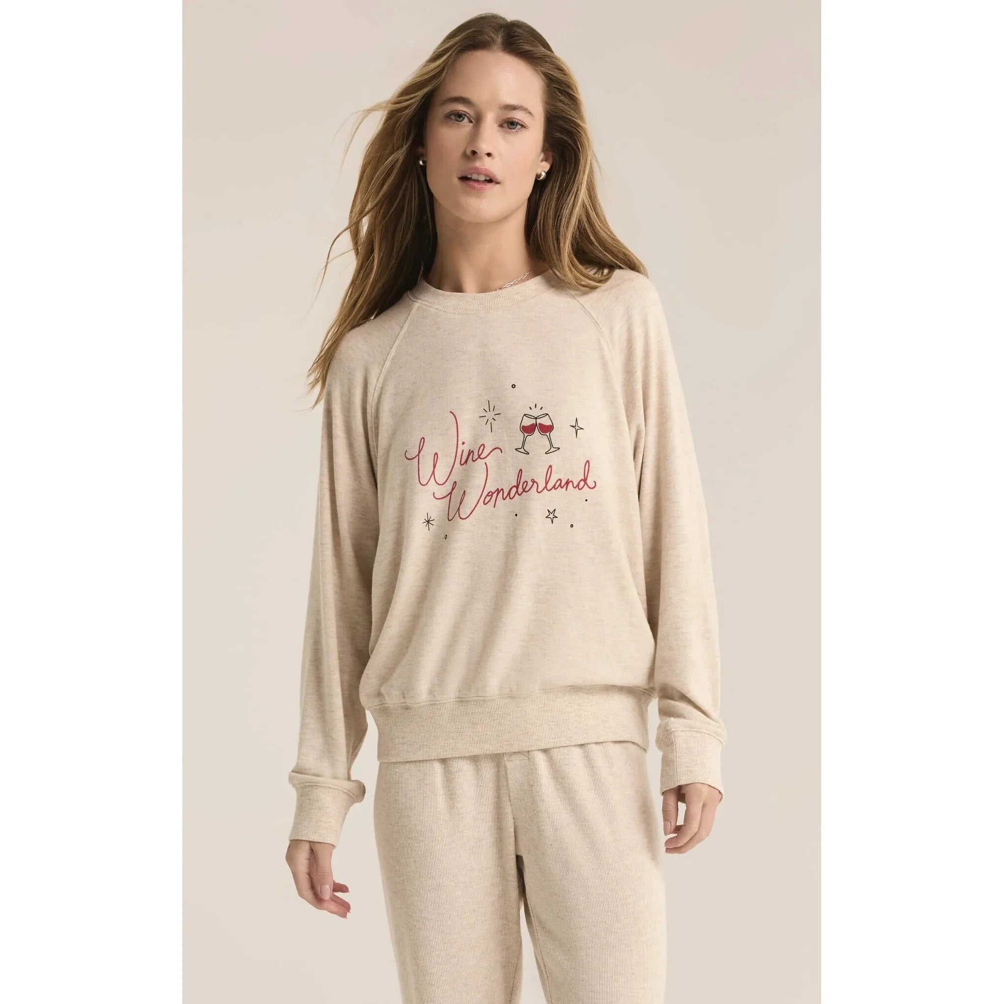 Z Supply -  Cassie Wine Wonderland Sweatshirt in Oat Heather