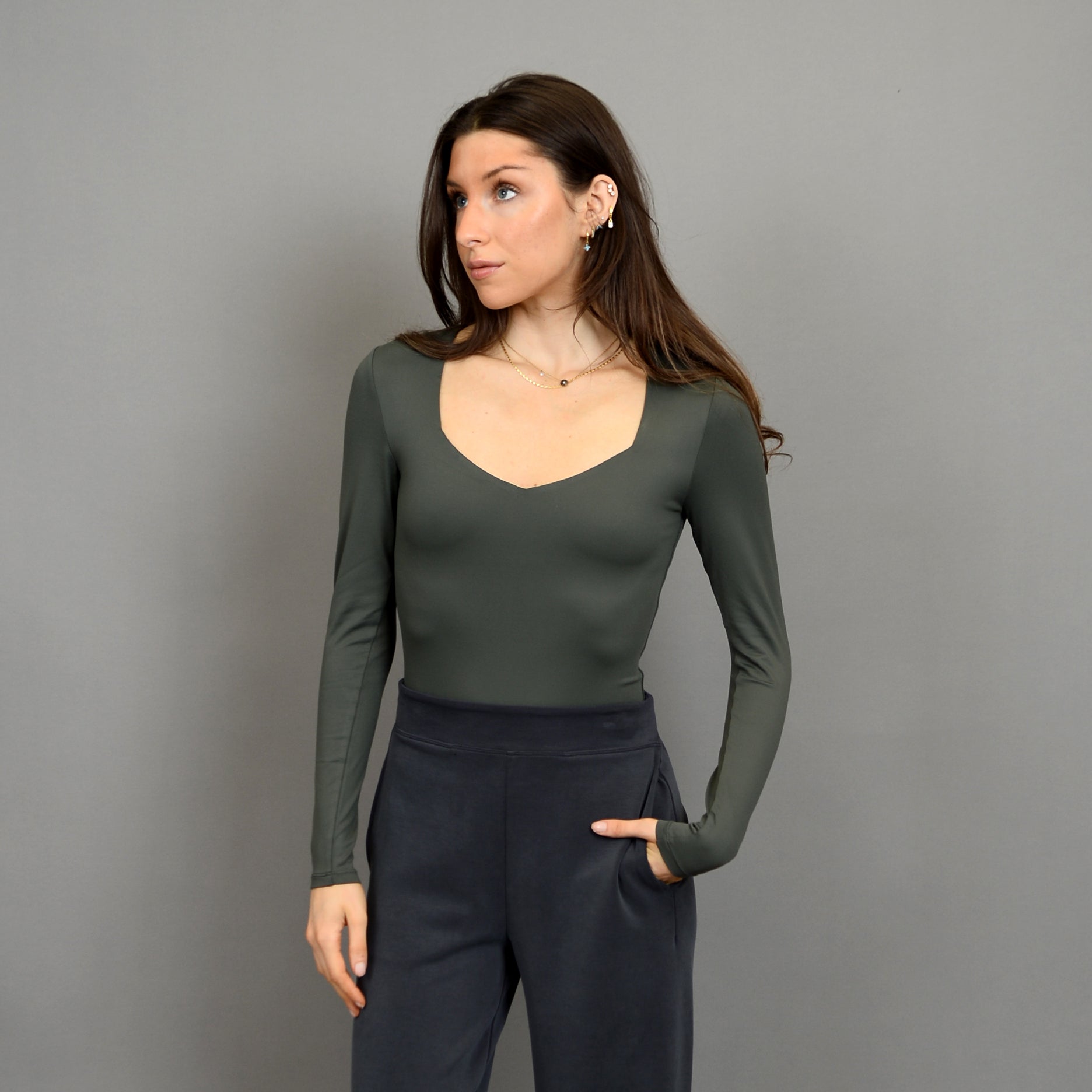 RD Style - Sanna Sweatheart Neck Bodysuit in Dark Ivy